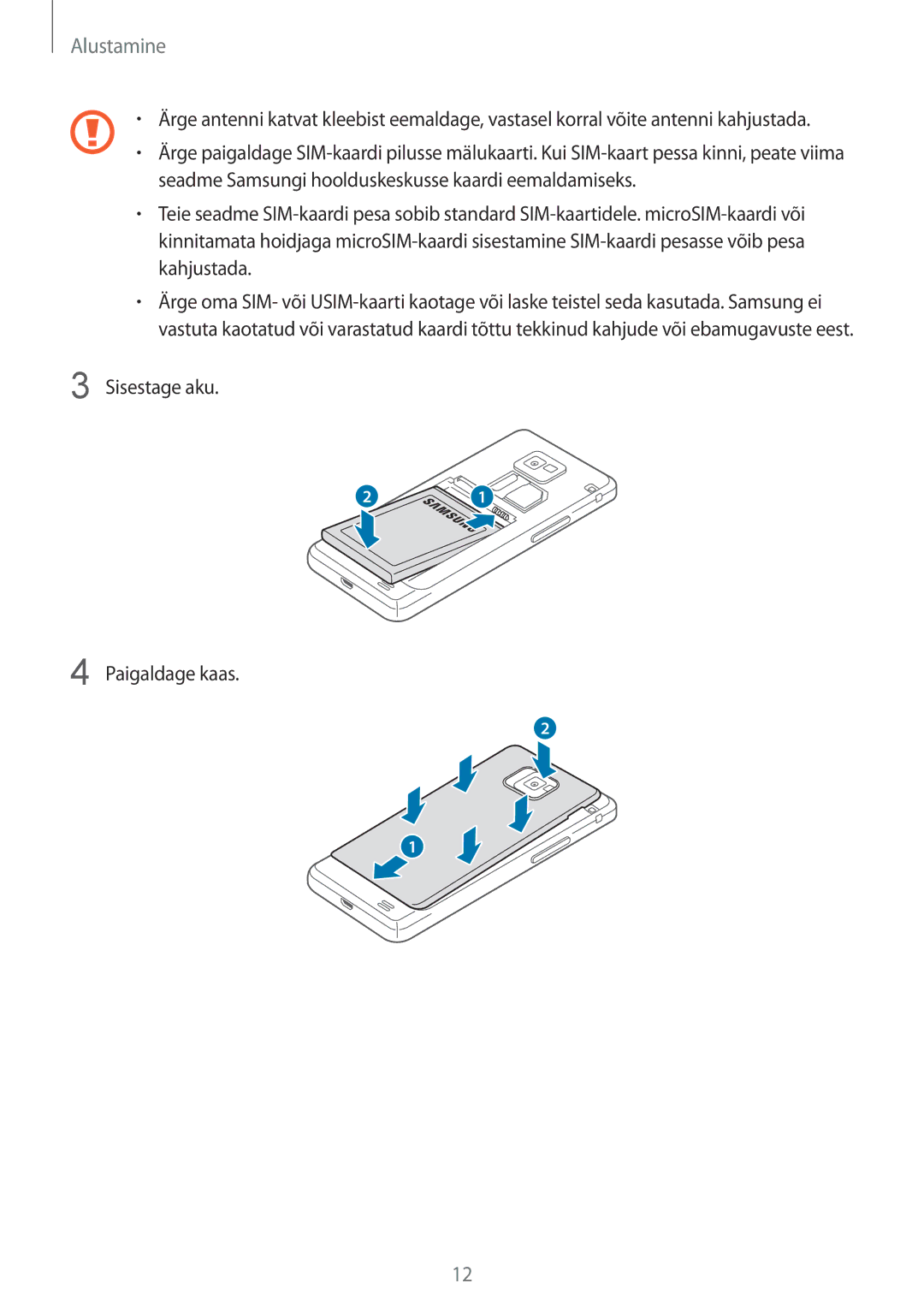 Samsung GT-I9105CWNSEB, GT-I9105UANSEB manual Sisestage aku Paigaldage kaas 