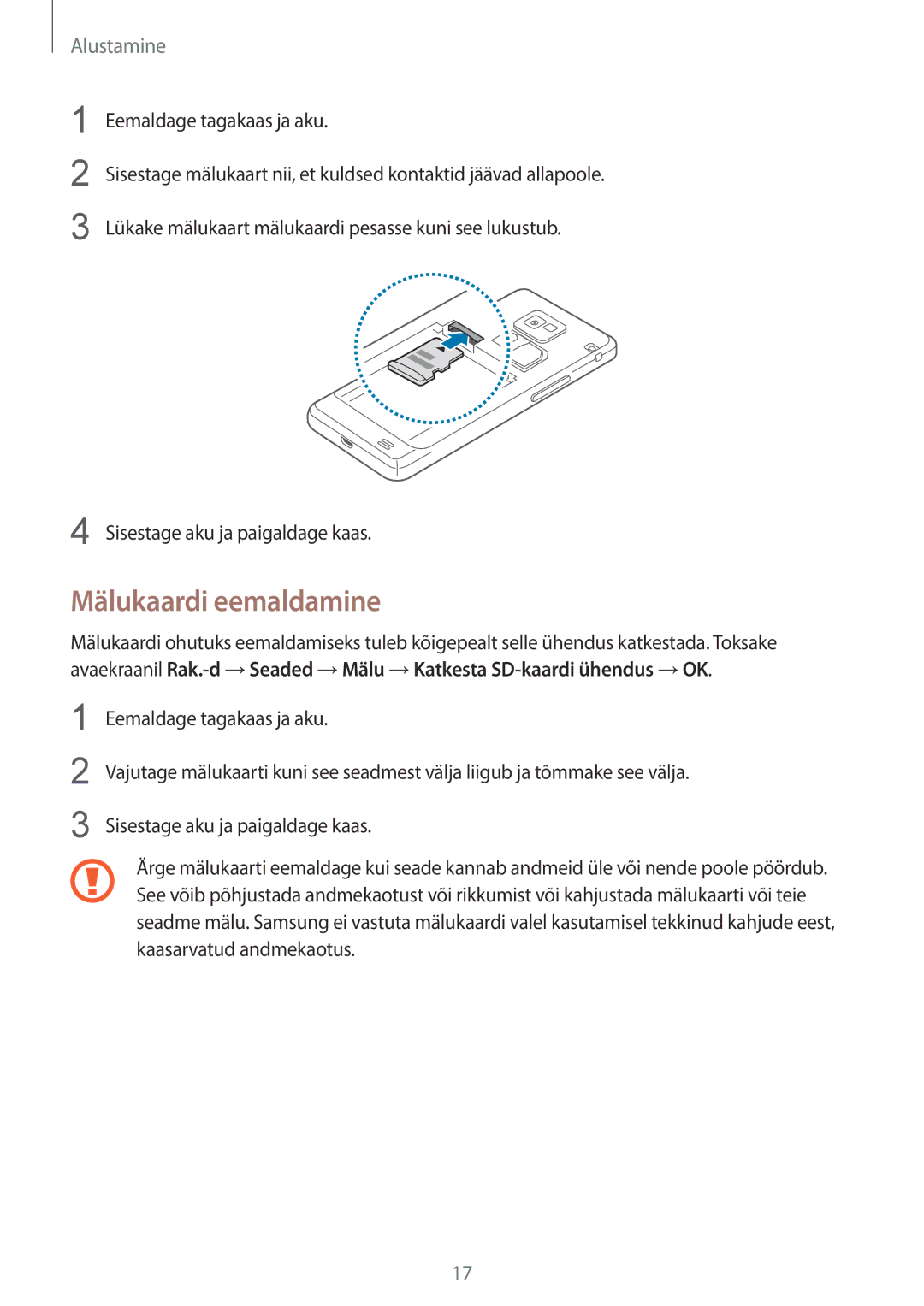 Samsung GT-I9105UANSEB, GT-I9105CWNSEB manual Mälukaardi eemaldamine 