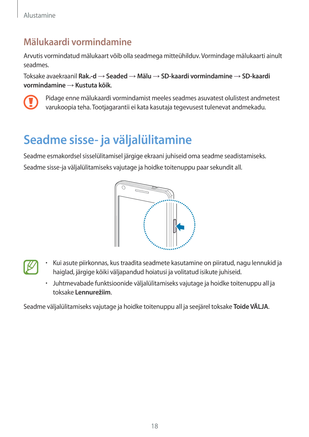 Samsung GT-I9105CWNSEB, GT-I9105UANSEB manual Seadme sisse- ja väljalülitamine, Mälukaardi vormindamine 