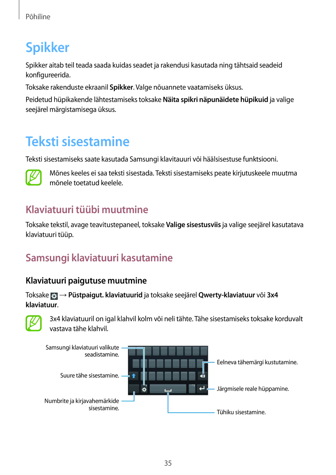 Samsung GT-I9105UANSEB manual Spikker, Teksti sisestamine, Klaviatuuri tüübi muutmine, Samsungi klaviatuuri kasutamine 