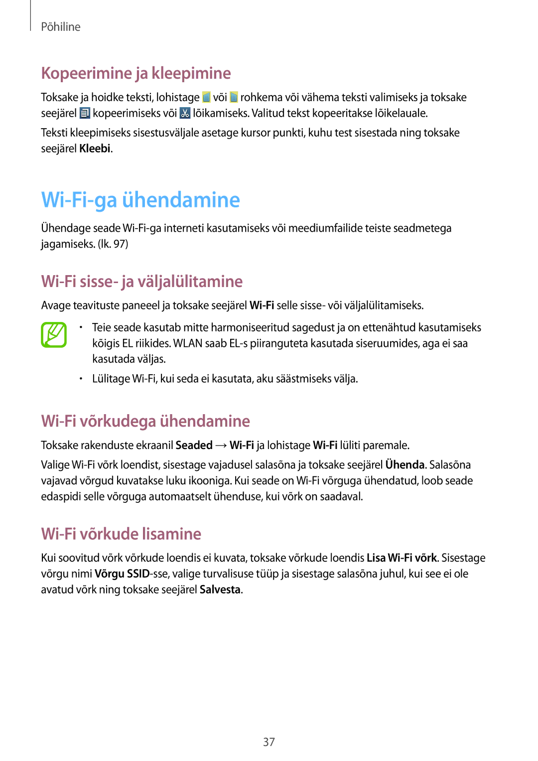 Samsung GT-I9105UANSEB, GT-I9105CWNSEB Wi-Fi-ga ühendamine, Kopeerimine ja kleepimine, Wi-Fi sisse- ja väljalülitamine 