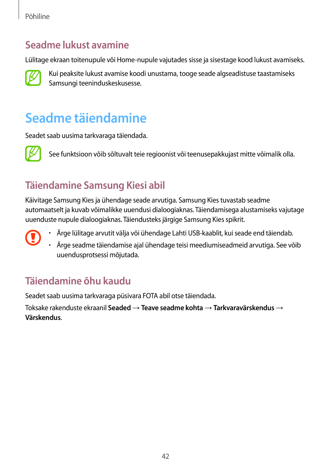 Samsung GT-I9105CWNSEB Seadme täiendamine, Seadme lukust avamine, Täiendamine Samsung Kiesi abil, Täiendamine õhu kaudu 