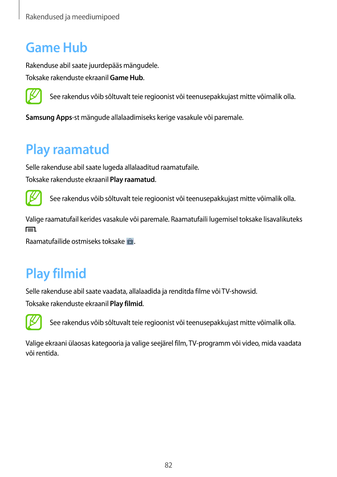 Samsung GT-I9105CWNSEB, GT-I9105UANSEB manual Game Hub, Play raamatud, Play filmid 