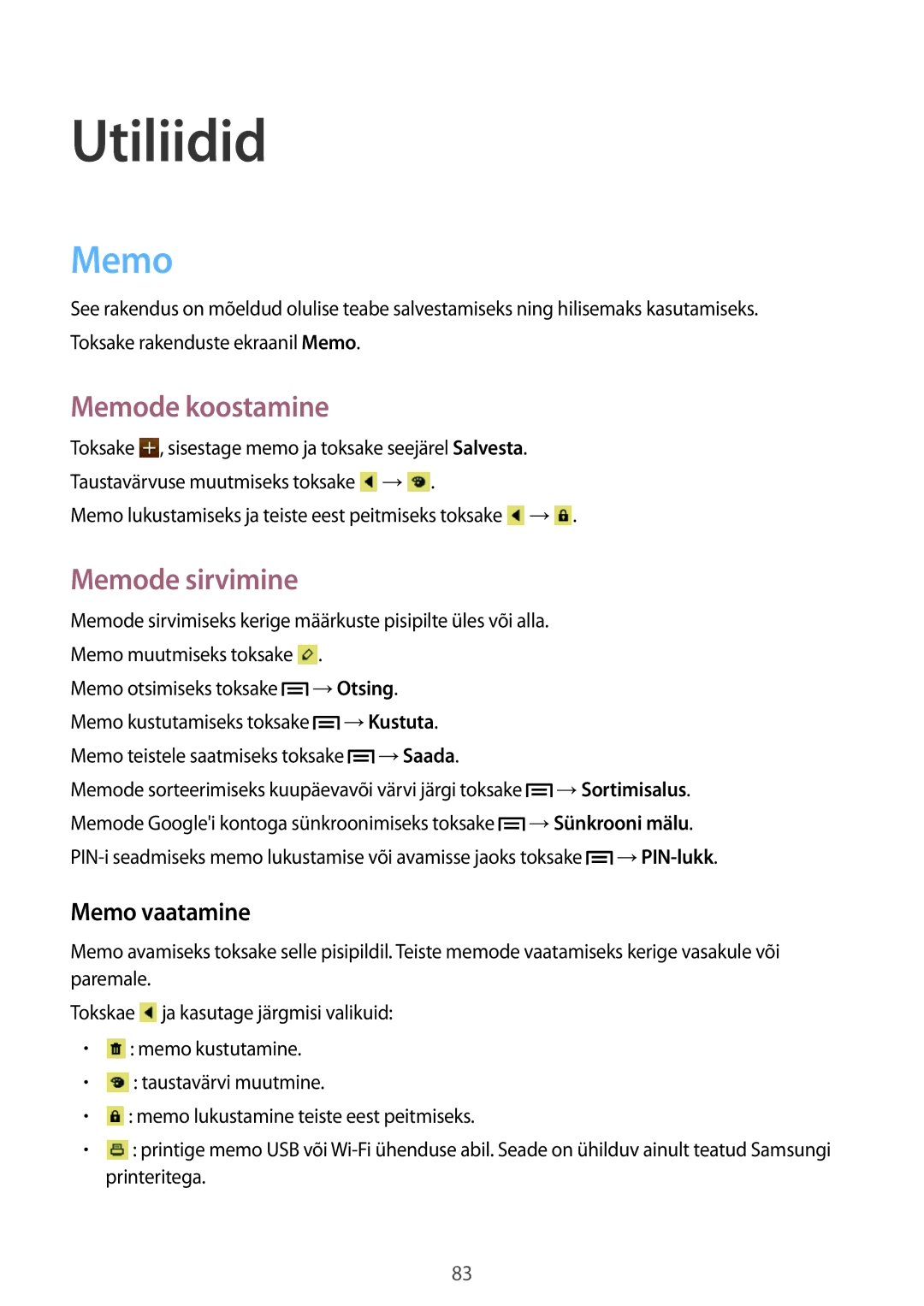 Samsung GT-I9105UANSEB, GT-I9105CWNSEB manual Utiliidid, Memode koostamine, Memode sirvimine, Memo vaatamine 