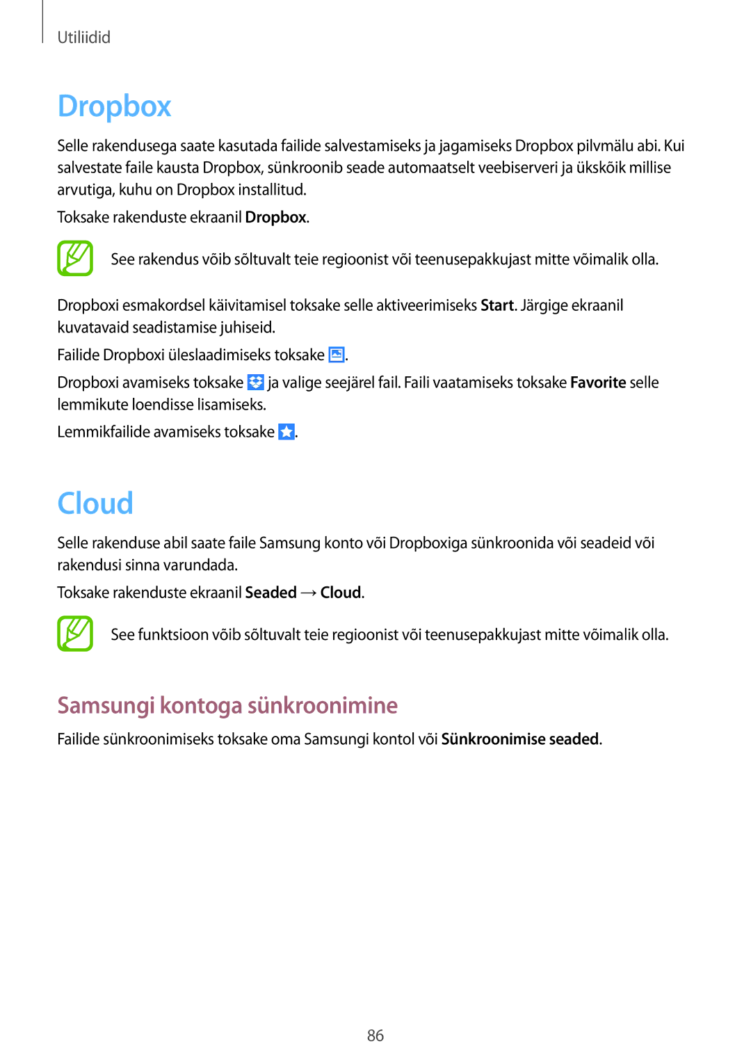 Samsung GT-I9105CWNSEB, GT-I9105UANSEB manual Dropbox, Cloud, Samsungi kontoga sünkroonimine 