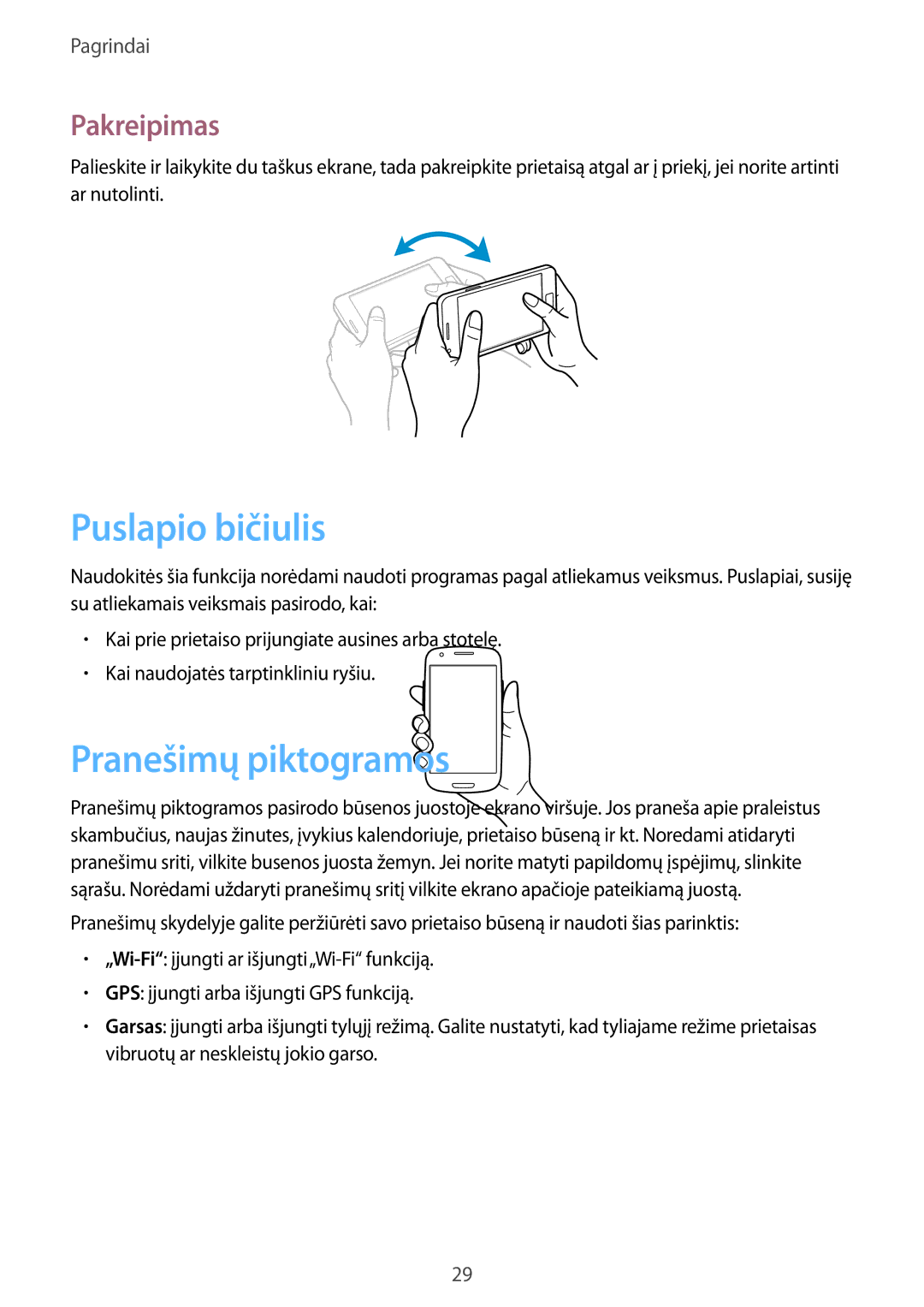 Samsung GT-I9105UANSEB, GT-I9105CWNSEB manual Puslapio bičiulis, Pranešimų piktogramos, Pakreipimas 