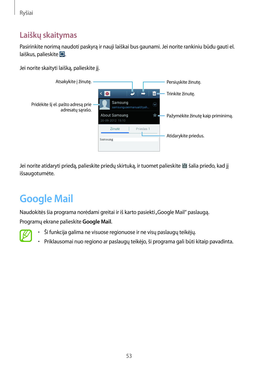 Samsung GT-I9105UANSEB, GT-I9105CWNSEB manual Google Mail, Laiškų skaitymas 