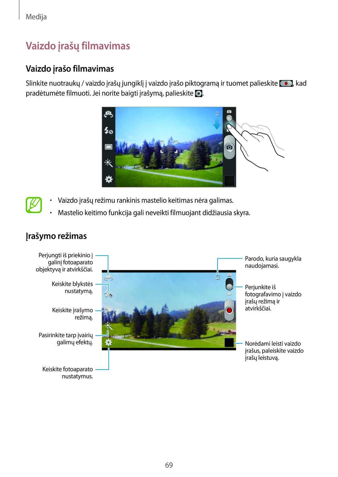 Samsung GT-I9105UANSEB, GT-I9105CWNSEB manual Vaizdo įrašų filmavimas, Vaizdo įrašo filmavimas, Įrašymo režimas 