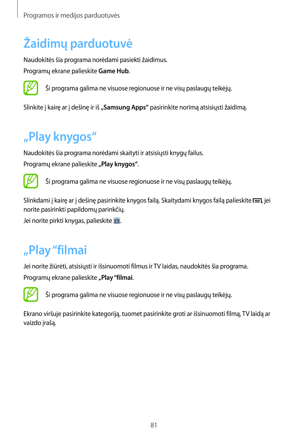 Samsung GT-I9105UANSEB, GT-I9105CWNSEB manual Žaidimų parduotuvė, „Play knygos, „Play filmai 