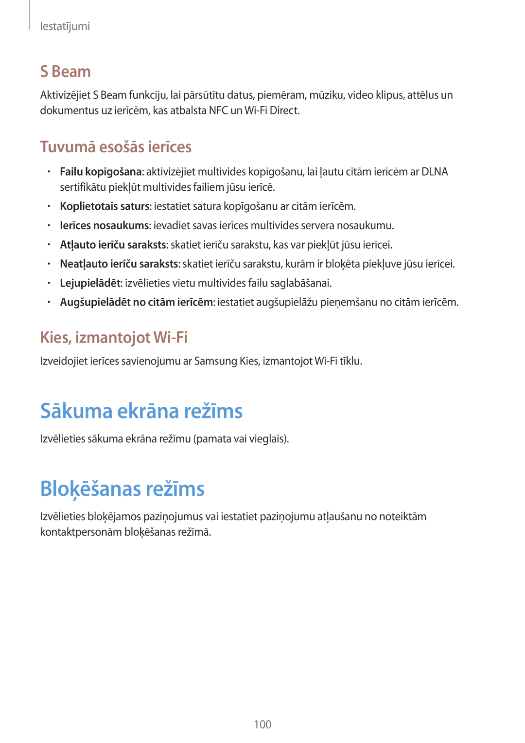 Samsung GT-I9105CWNSEB manual Sākuma ekrāna režīms, Bloķēšanas režīms, Beam, Tuvumā esošās ierīces, Kies, izmantojot Wi-Fi 