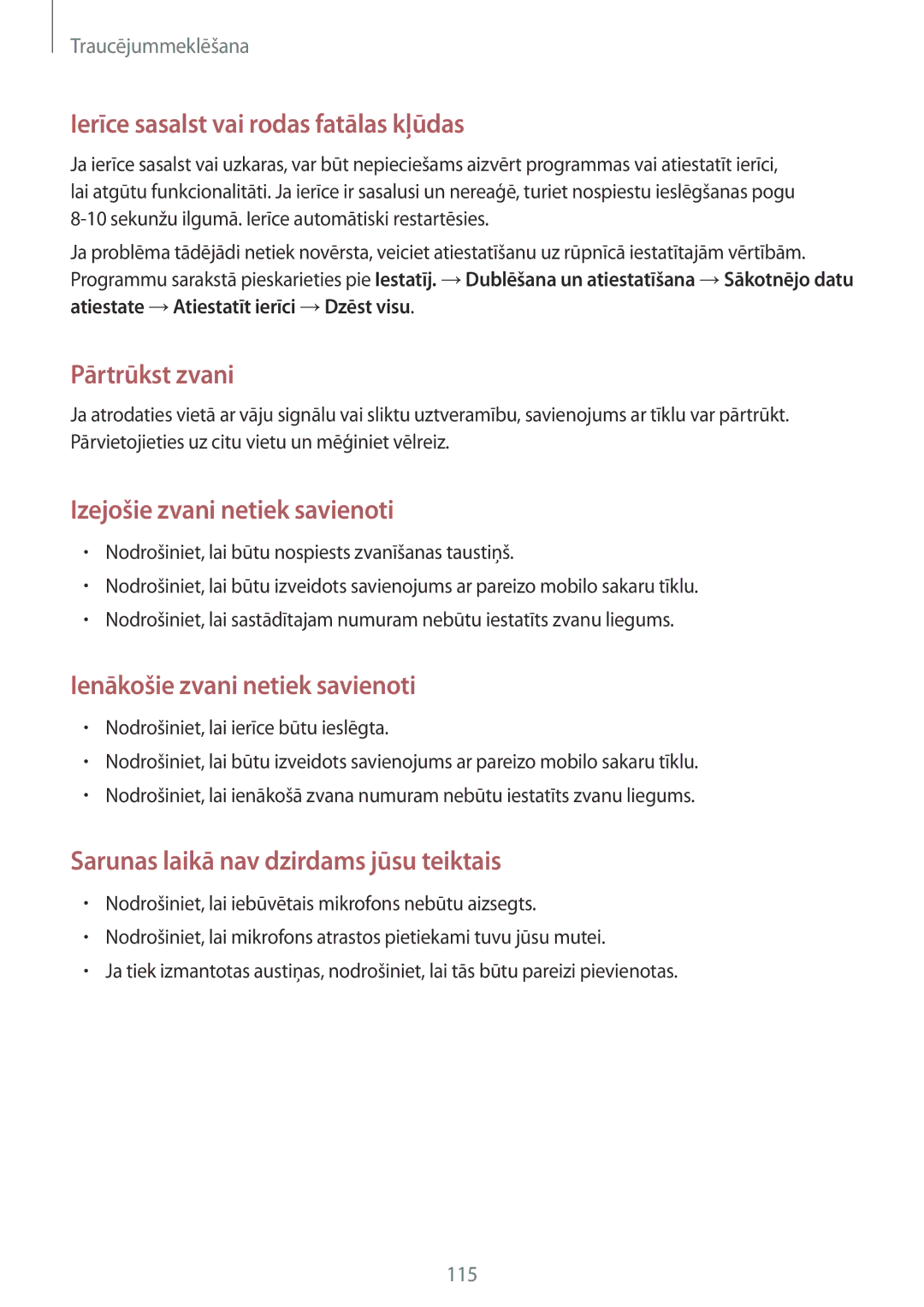 Samsung GT-I9105UANSEB, GT-I9105CWNSEB manual Ierīce sasalst vai rodas fatālas kļūdas 