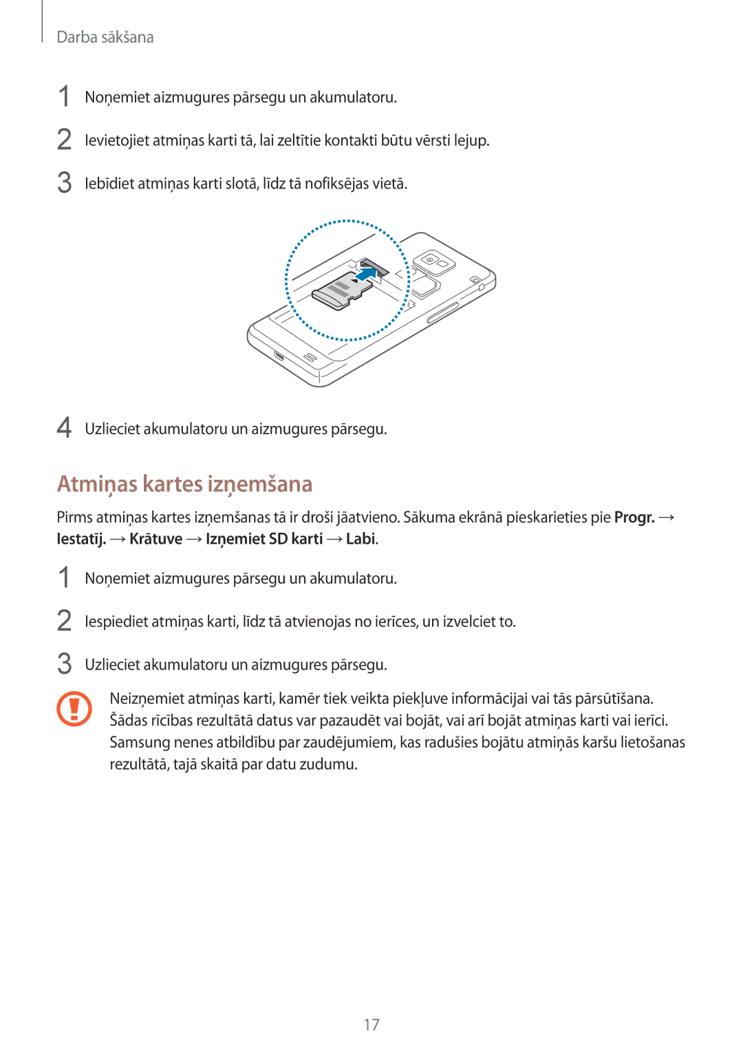 Samsung GT-I9105UANSEB, GT-I9105CWNSEB manual Atmiņas kartes izņemšana 