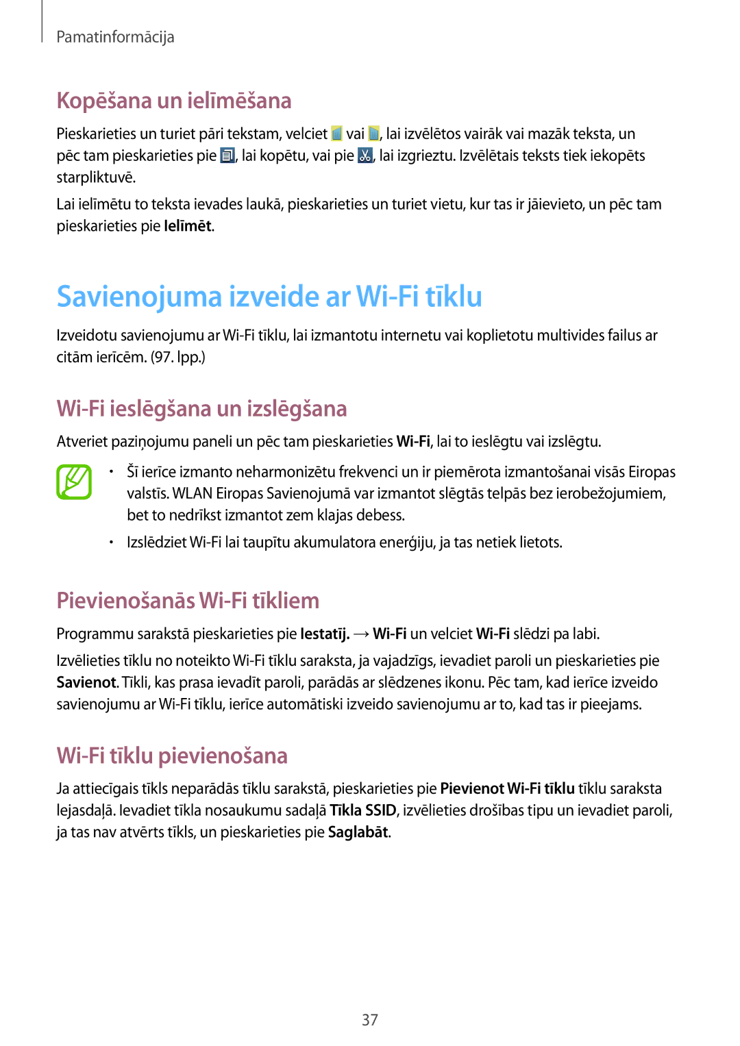 Samsung GT-I9105UANSEB manual Savienojuma izveide ar Wi-Fi tīklu, Kopēšana un ielīmēšana, Wi-Fi ieslēgšana un izslēgšana 