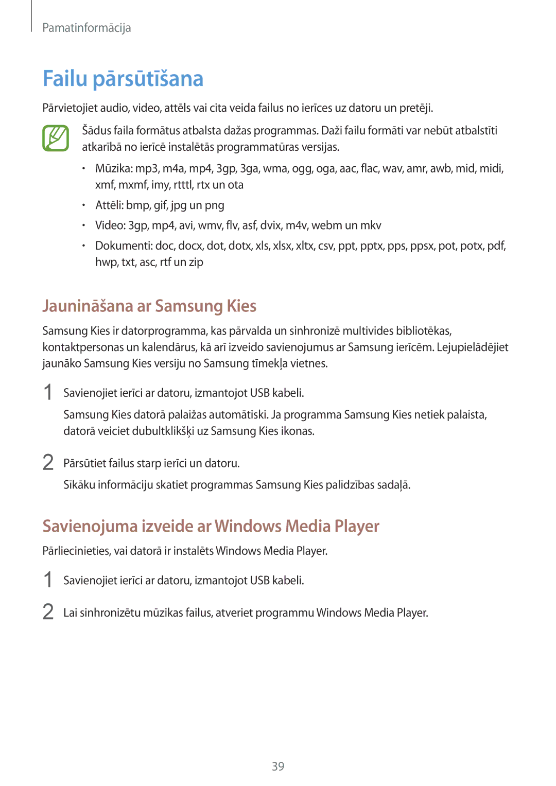 Samsung GT-I9105UANSEB manual Failu pārsūtīšana, Jaunināšana ar Samsung Kies, Savienojuma izveide ar Windows Media Player 