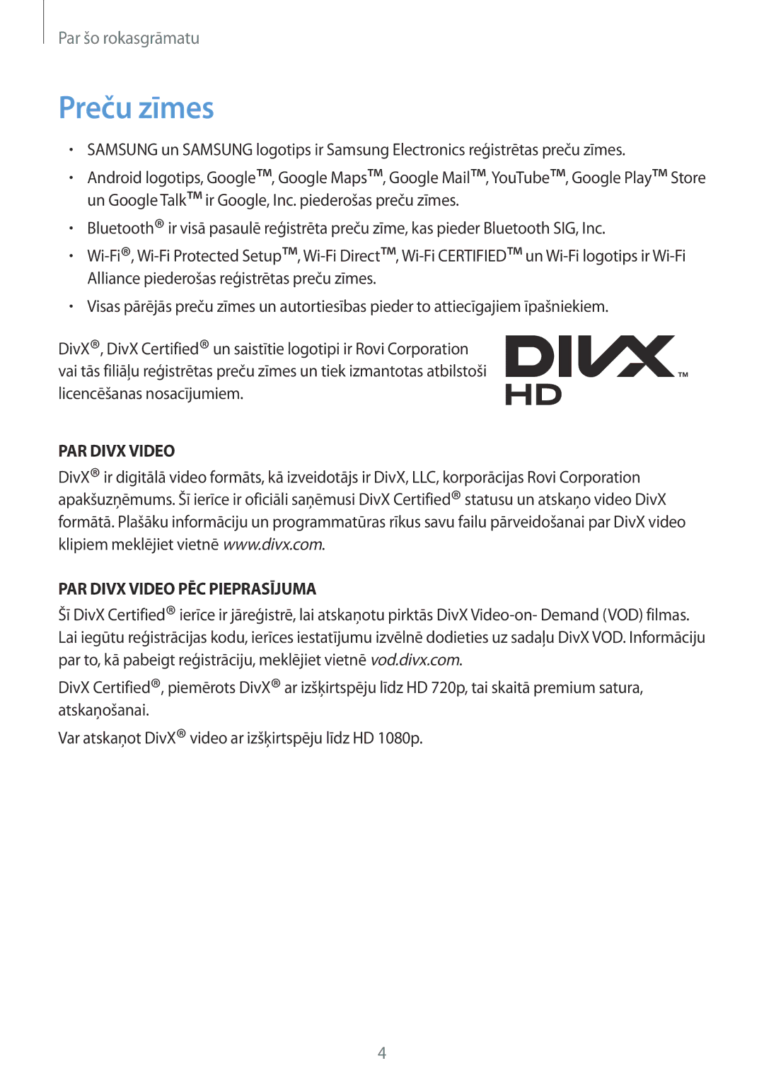 Samsung GT-I9105CWNSEB, GT-I9105UANSEB manual Preču zīmes, PAR Divx Video PAR Divx Video PĒC Pieprasījuma 