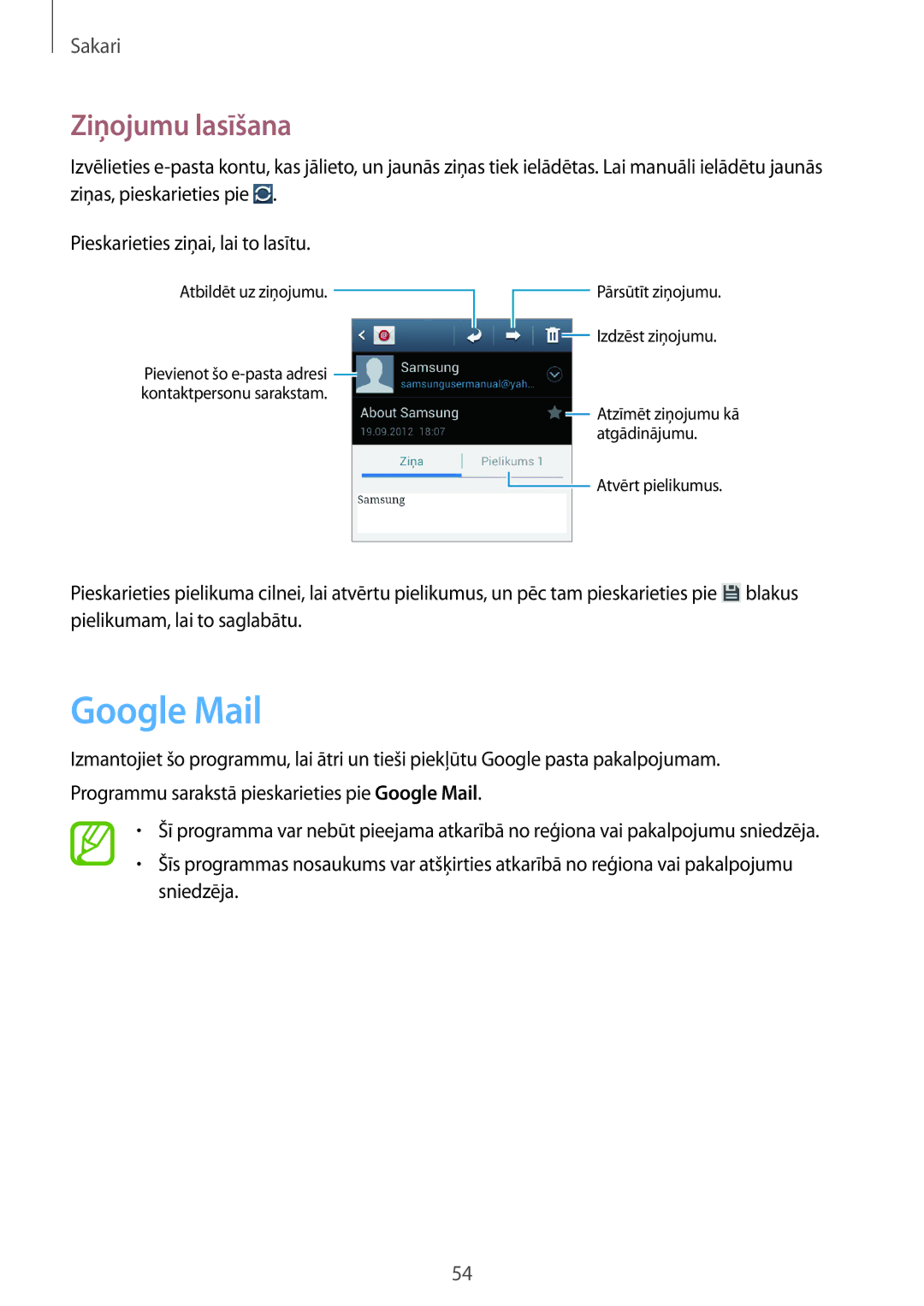 Samsung GT-I9105CWNSEB, GT-I9105UANSEB manual Google Mail, Ziņojumu lasīšana 