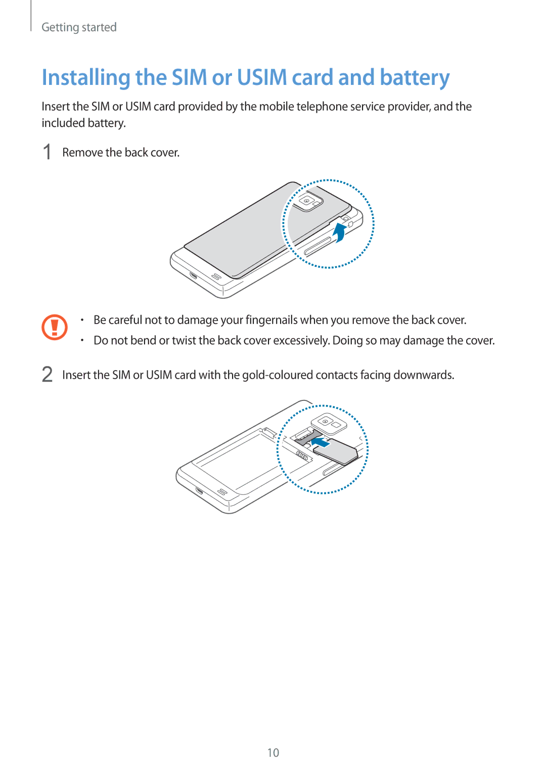 Samsung GT-I9105UADSER, GT-I9105CWDSER manual Installing the SIM or Usim card and battery 