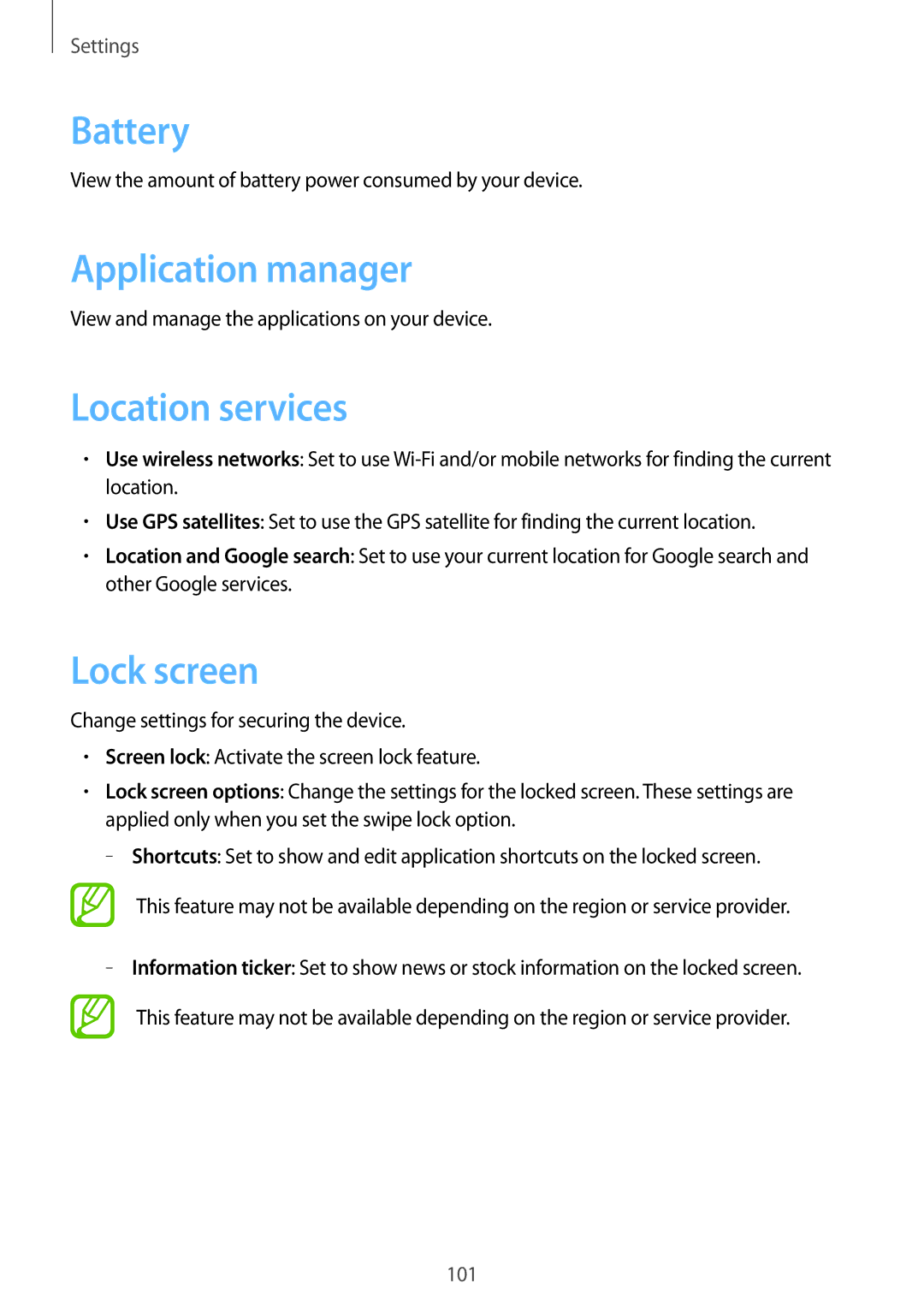 Samsung GT-I9105CWDSER, GT-I9105UADSER manual Battery, Application manager, Location services, Lock screen 