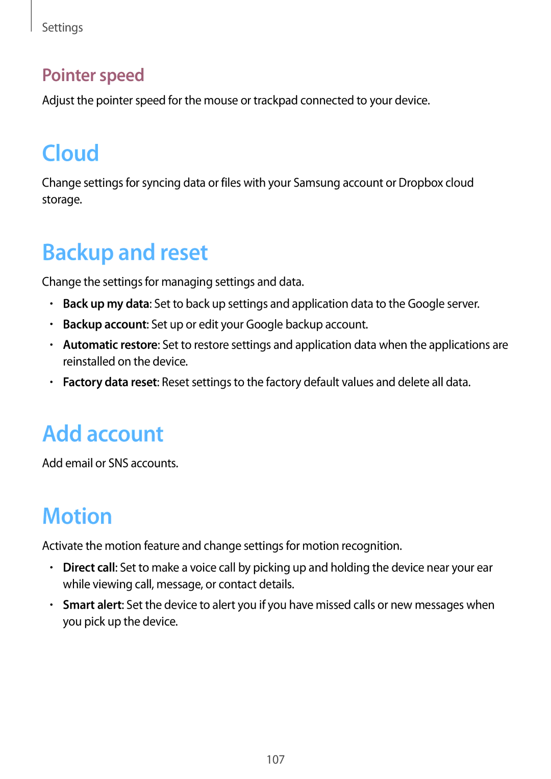 Samsung GT-I9105CWDSER, GT-I9105UADSER manual Backup and reset, Add account, Motion, Pointer speed 