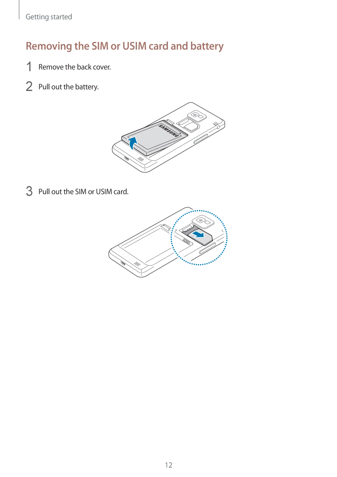 Samsung GT-I9105UADSER, GT-I9105CWDSER manual Removing the SIM or Usim card and battery 