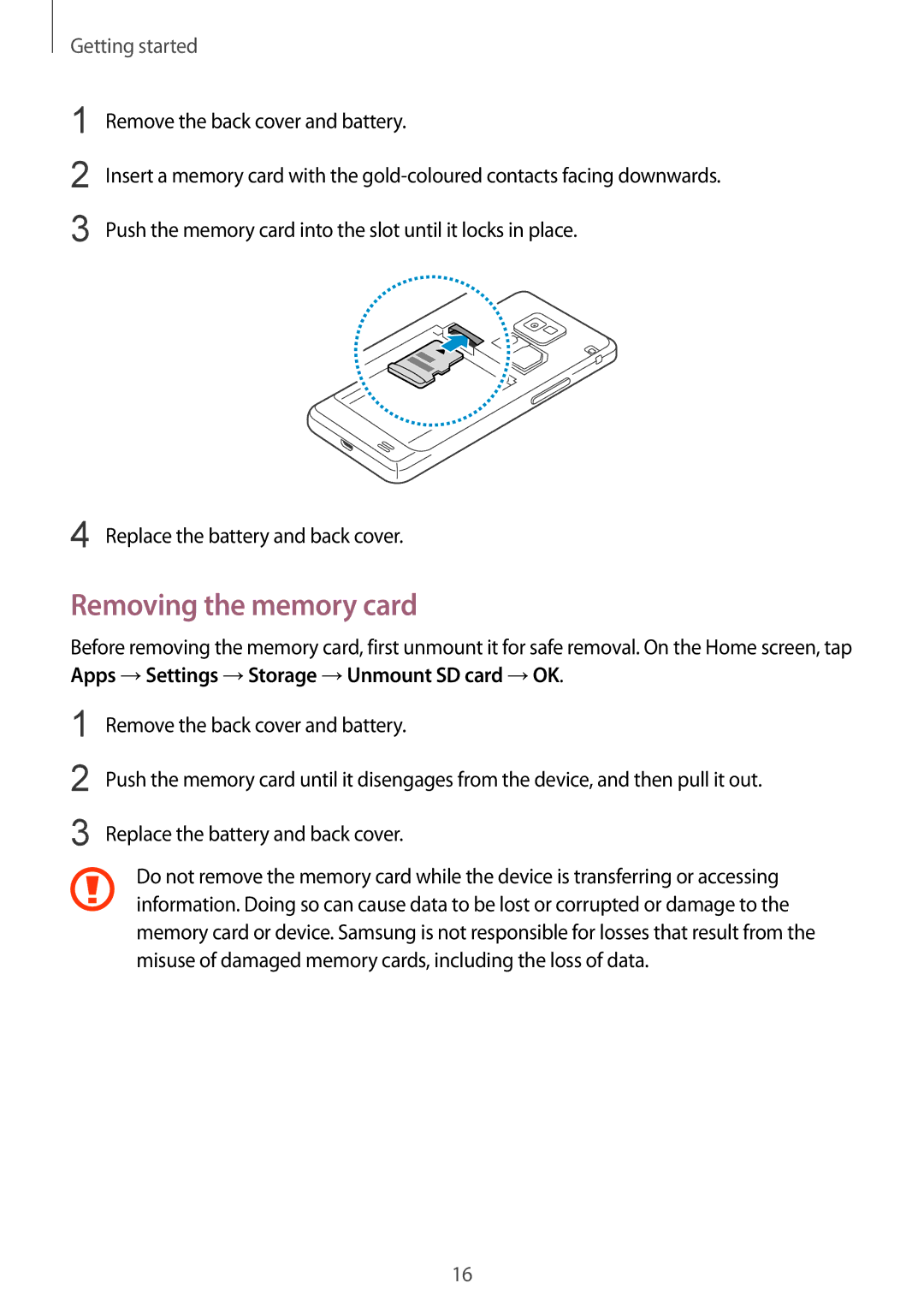 Samsung GT-I9105UADSER, GT-I9105CWDSER manual Removing the memory card 