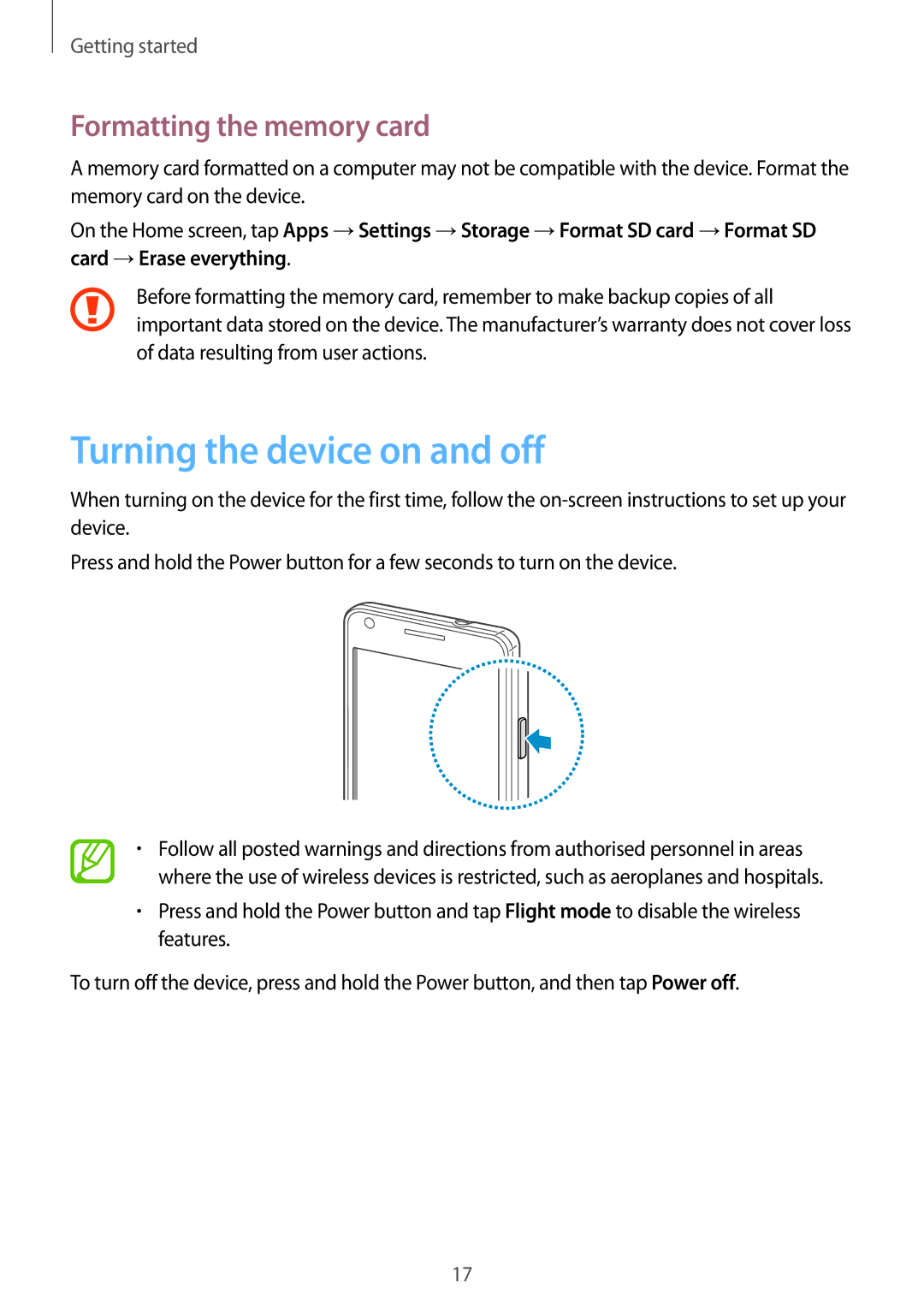 Samsung GT-I9105CWDSER, GT-I9105UADSER manual Turning the device on and off, Formatting the memory card 