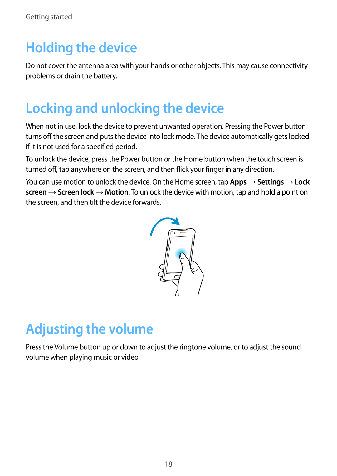 Samsung GT-I9105UADSER, GT-I9105CWDSER manual Holding the device, Locking and unlocking the device, Adjusting the volume 