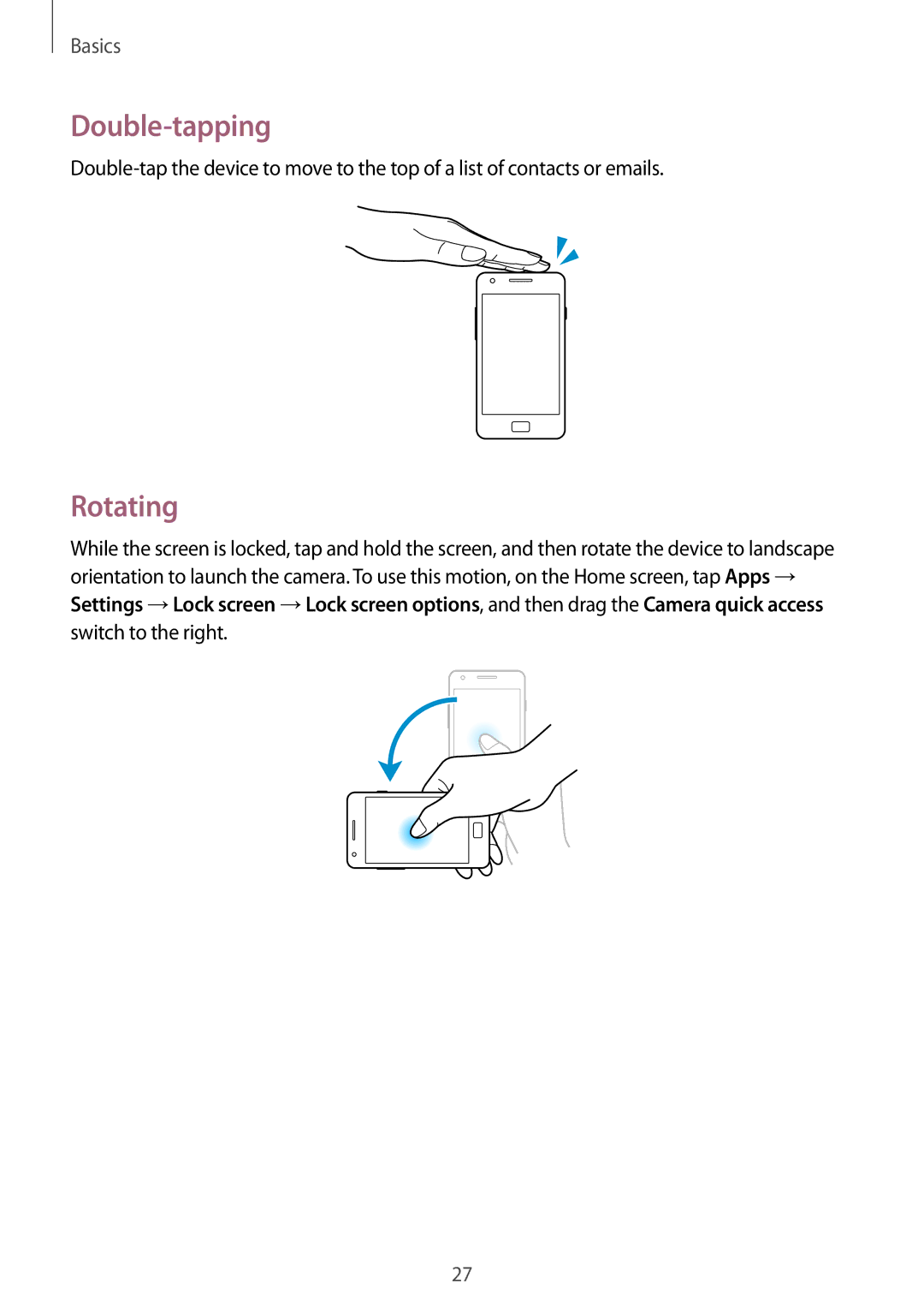 Samsung GT-I9105CWDSER, GT-I9105UADSER manual Double-tapping, Rotating 