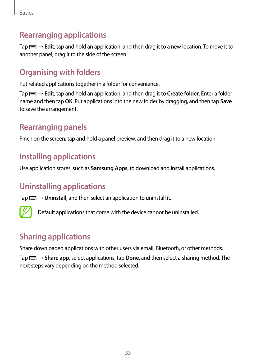 Samsung GT-I9105CWDSER Rearranging applications, Organising with folders, Installing applications, Sharing applications 