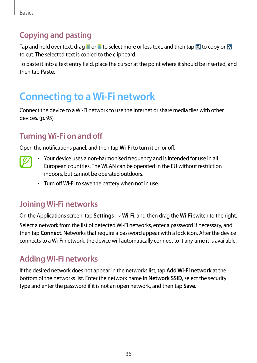 Samsung GT-I9105UADSER Connecting to a Wi-Fi network, Copying and pasting, Turning Wi-Fi on and off, Adding Wi-Fi networks 