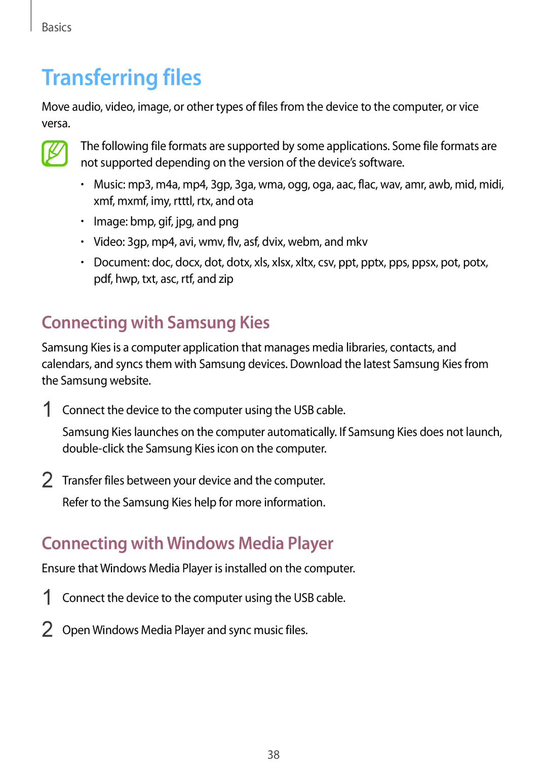 Samsung GT-I9105UADSER manual Transferring files, Connecting with Samsung Kies, Connecting with Windows Media Player 