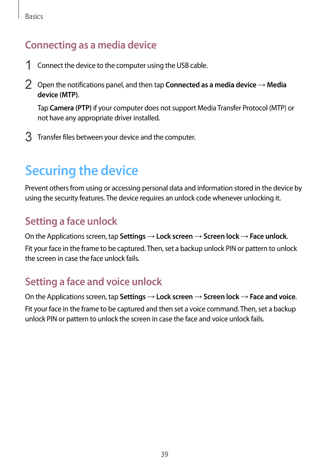 Samsung GT-I9105CWDSER manual Securing the device, Connecting as a media device, Setting a face unlock, Device MTP 