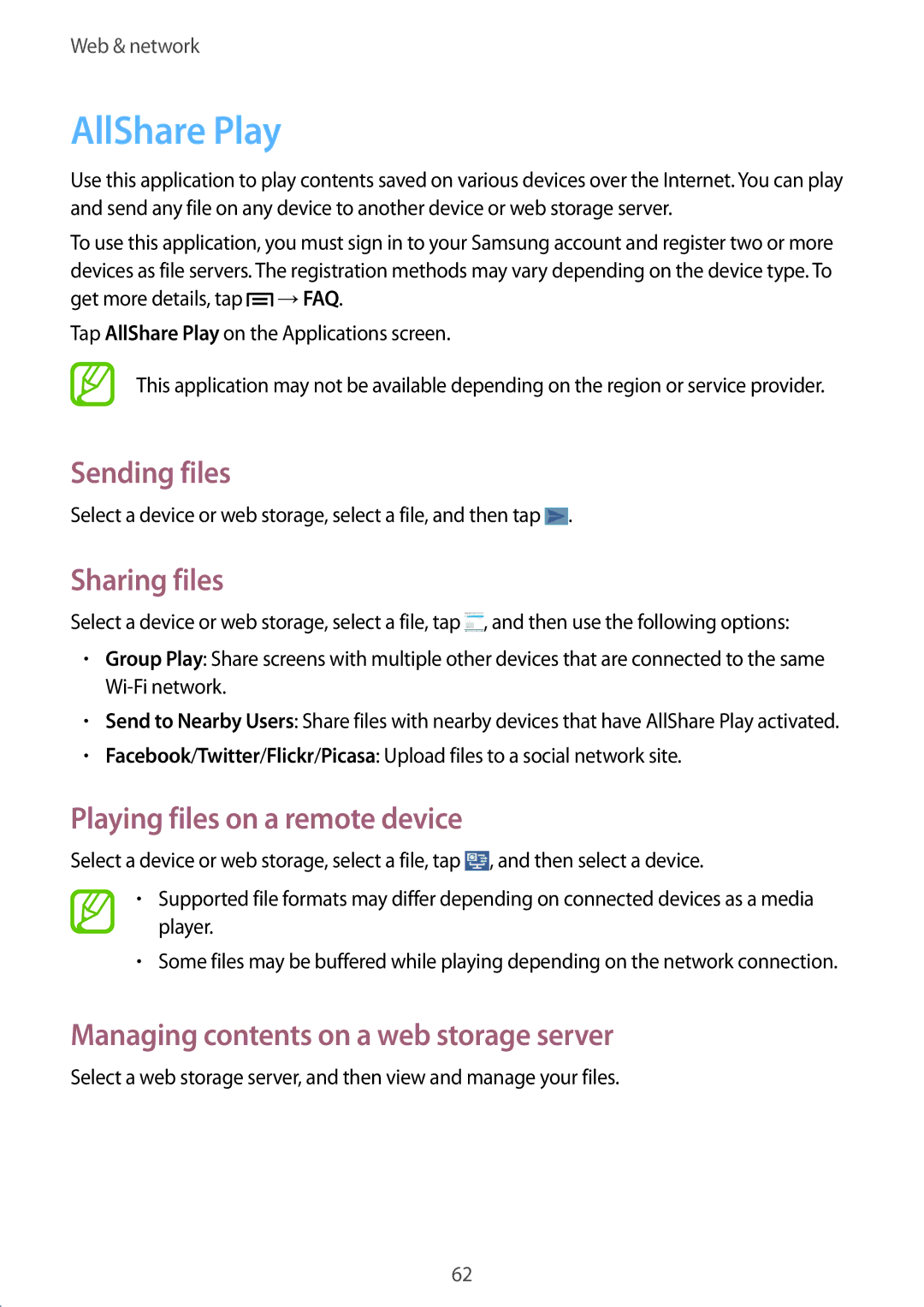Samsung GT-I9105UADSER, GT-I9105CWDSER manual AllShare Play, Sending files, Sharing files, Playing files on a remote device 