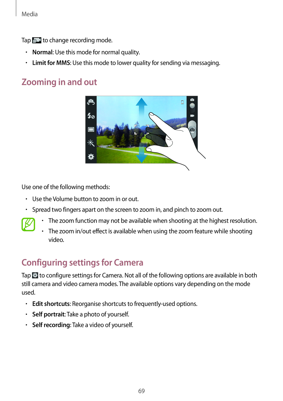 Samsung GT-I9105CWDSER, GT-I9105UADSER manual Zooming in and out, Configuring settings for Camera 
