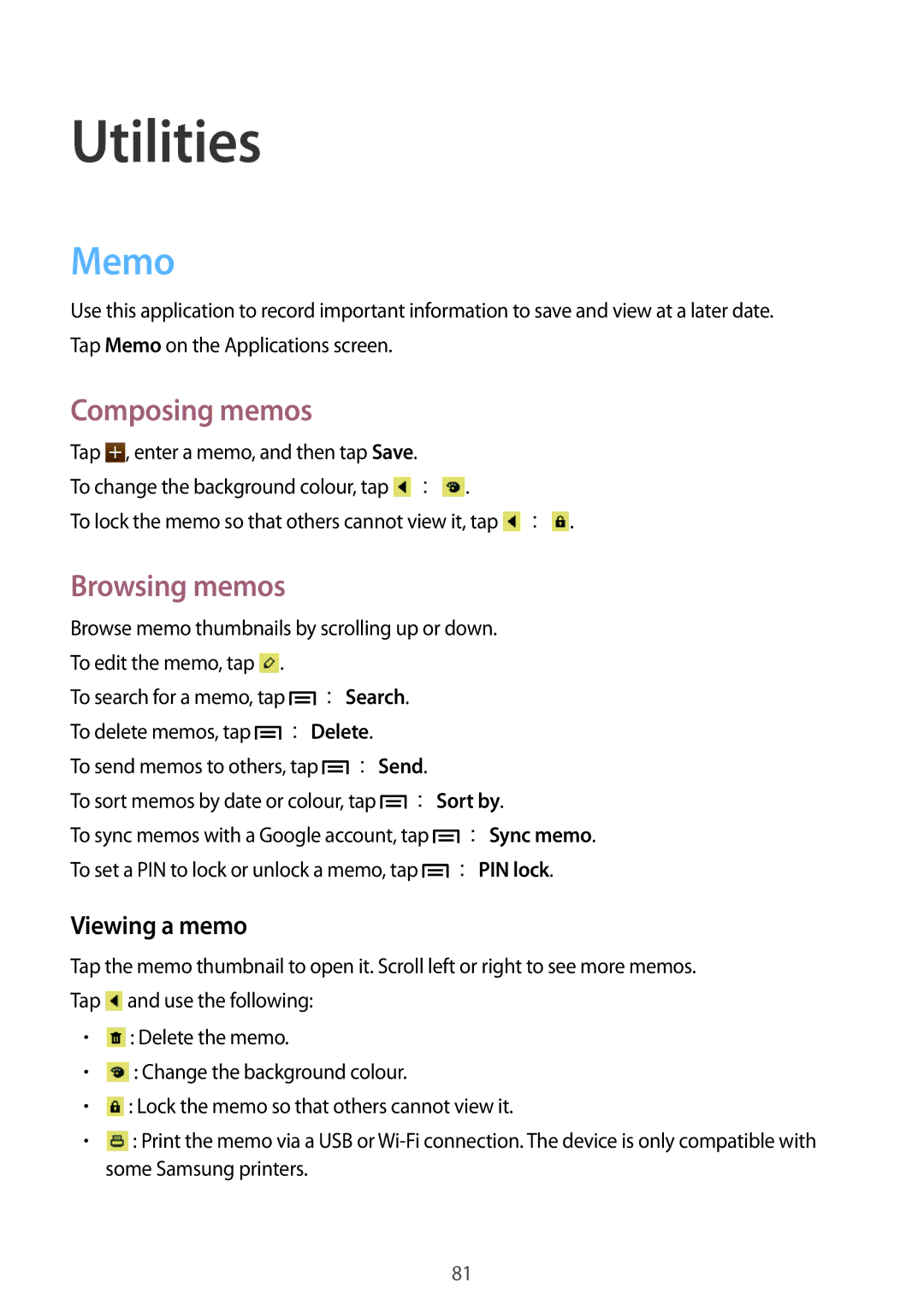 Samsung GT-I9105CWDSER, GT-I9105UADSER manual Utilities, Memo, Composing memos, Browsing memos, Viewing a memo 