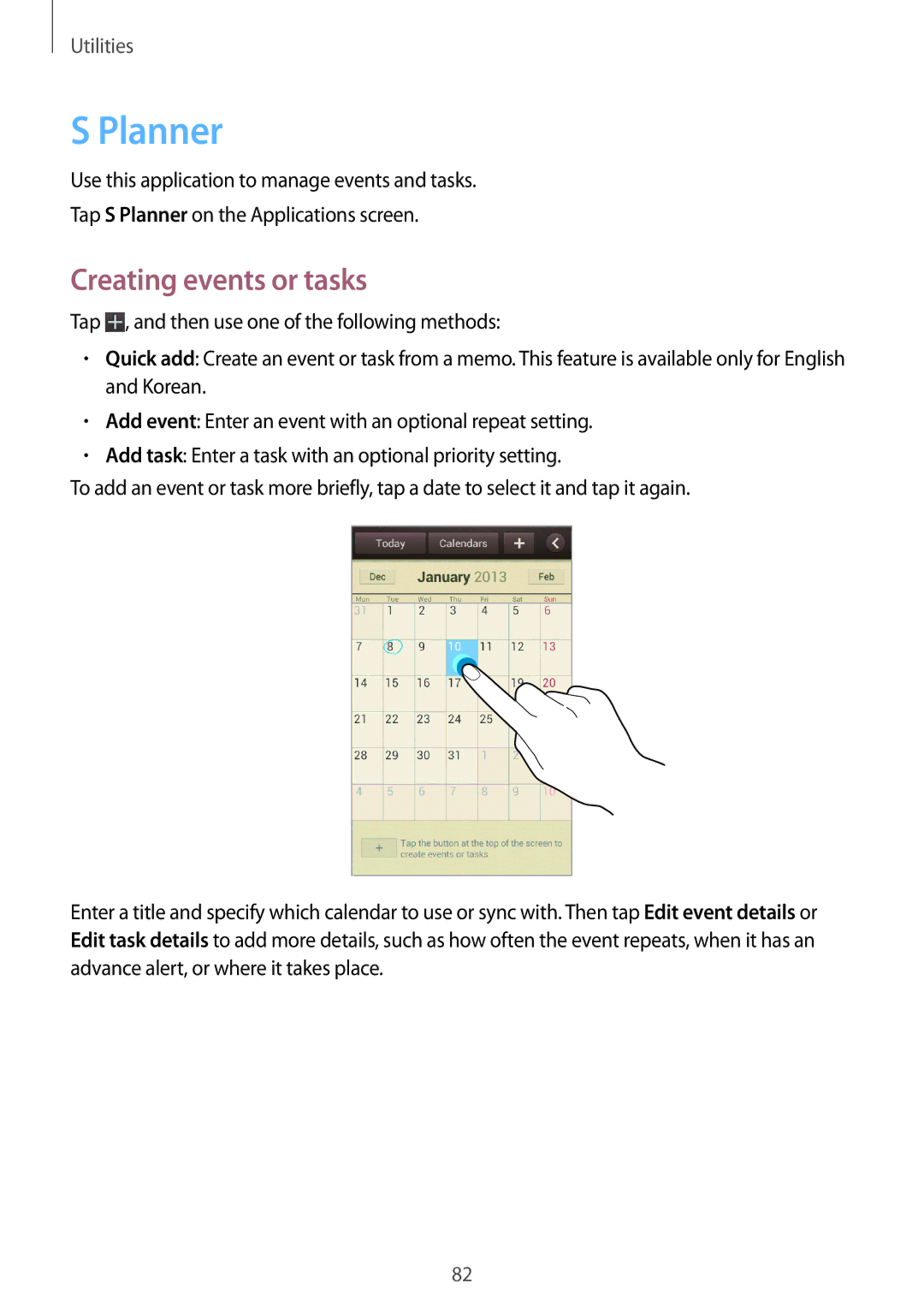 Samsung GT-I9105UADSER, GT-I9105CWDSER manual Planner, Creating events or tasks 
