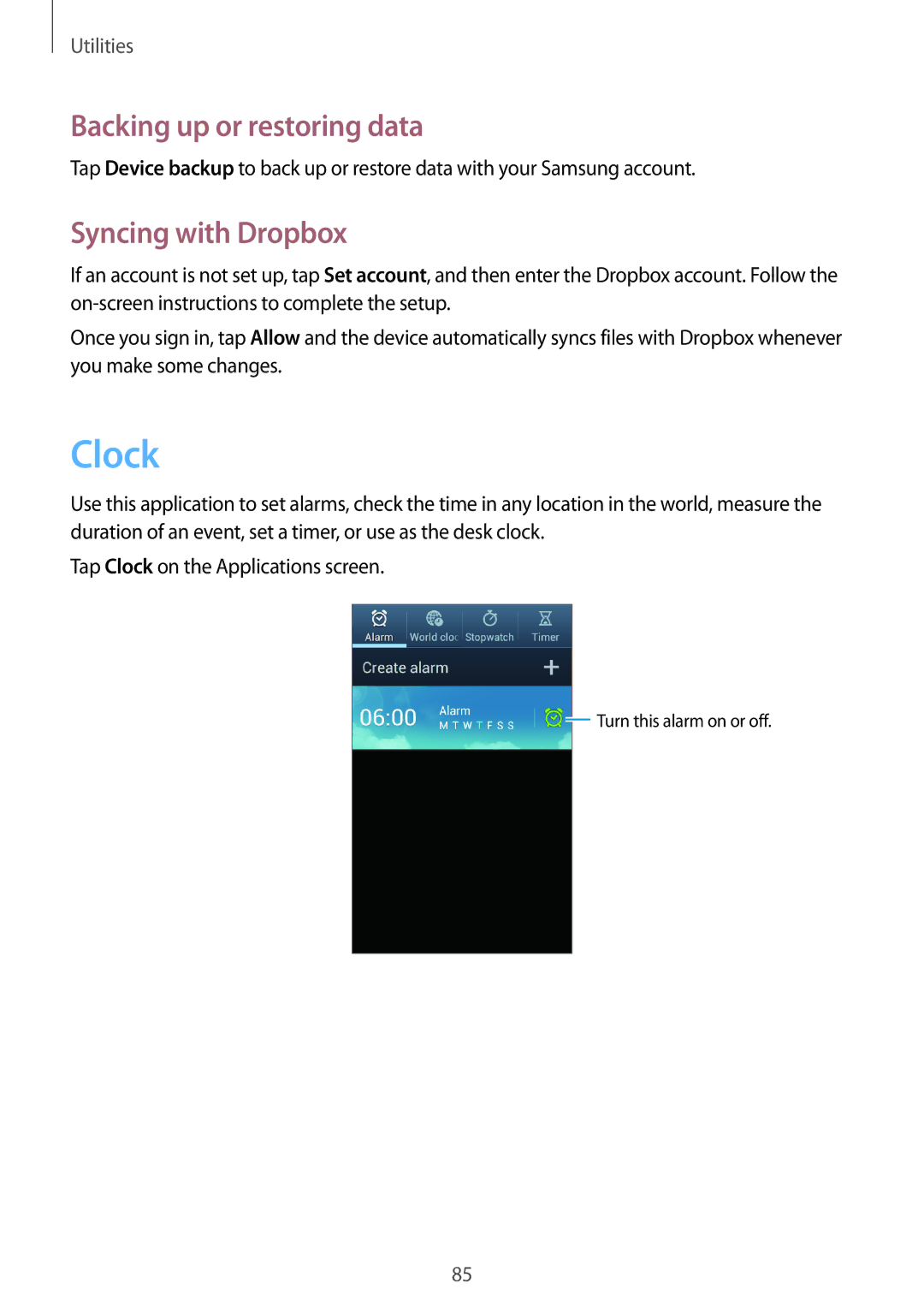Samsung GT-I9105CWDSER, GT-I9105UADSER manual Clock, Backing up or restoring data, Syncing with Dropbox 