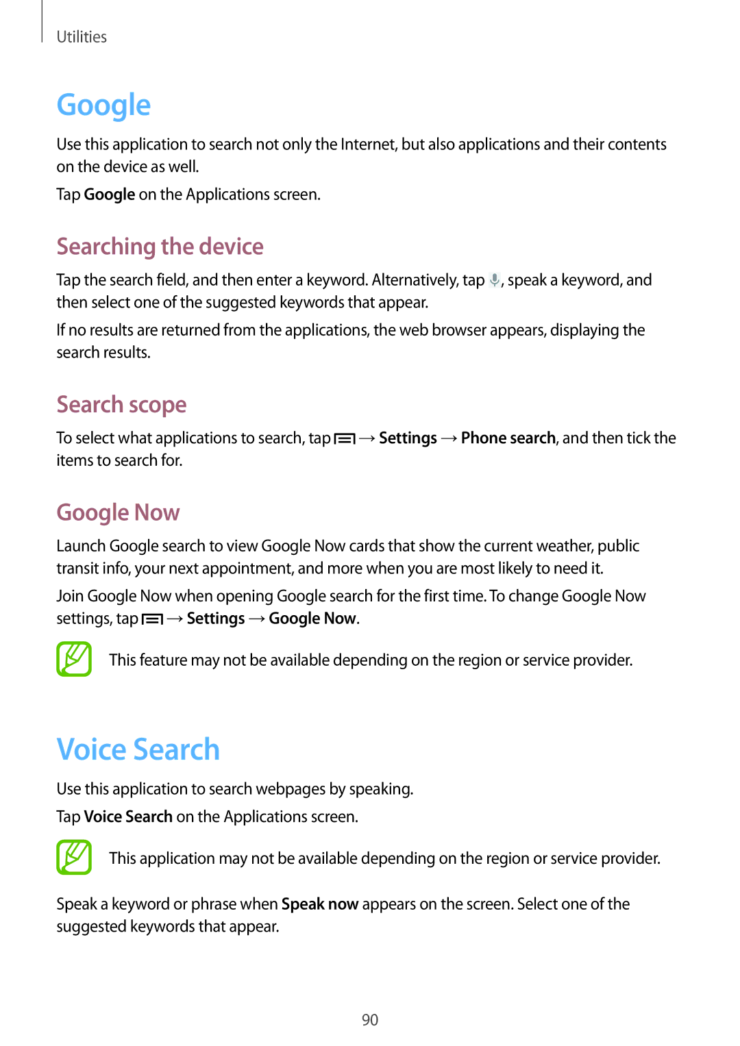 Samsung GT-I9105UADSER, GT-I9105CWDSER manual Voice Search, Searching the device, Search scope, Google Now 