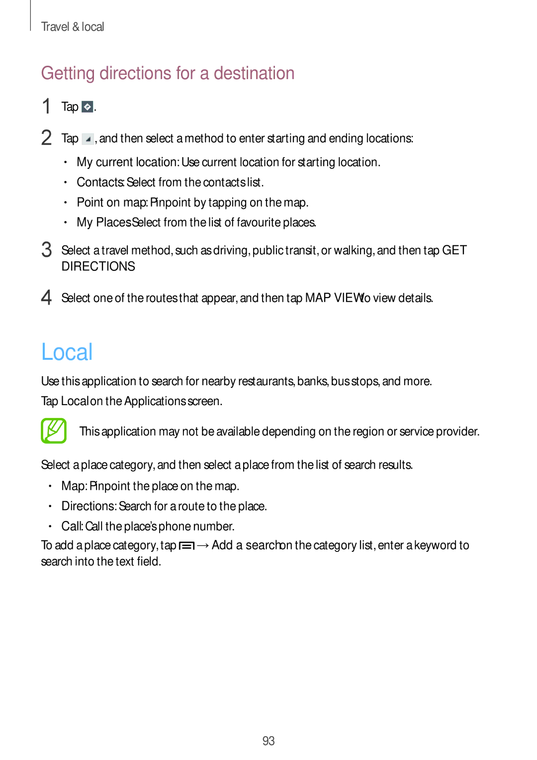 Samsung GT-I9105CWDSER, GT-I9105UADSER manual Local, Getting directions for a destination 