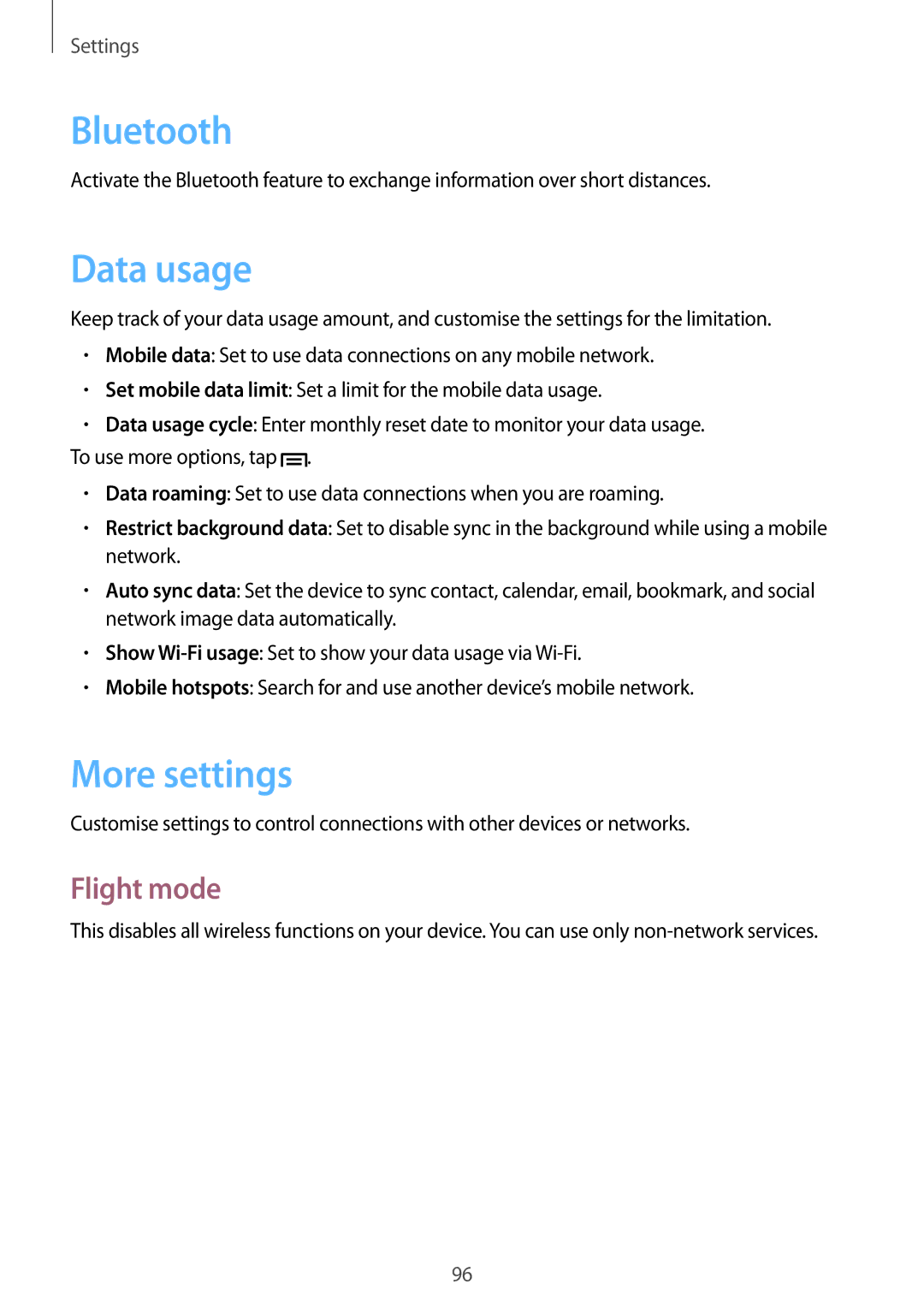 Samsung GT-I9105UADSER, GT-I9105CWDSER manual Data usage, More settings, Flight mode 