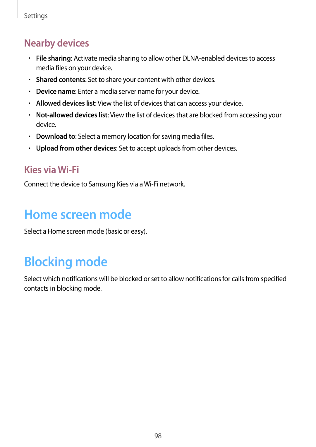 Samsung GT-I9105UADSER, GT-I9105CWDSER manual Home screen mode, Blocking mode, Nearby devices, Kies via Wi-Fi 