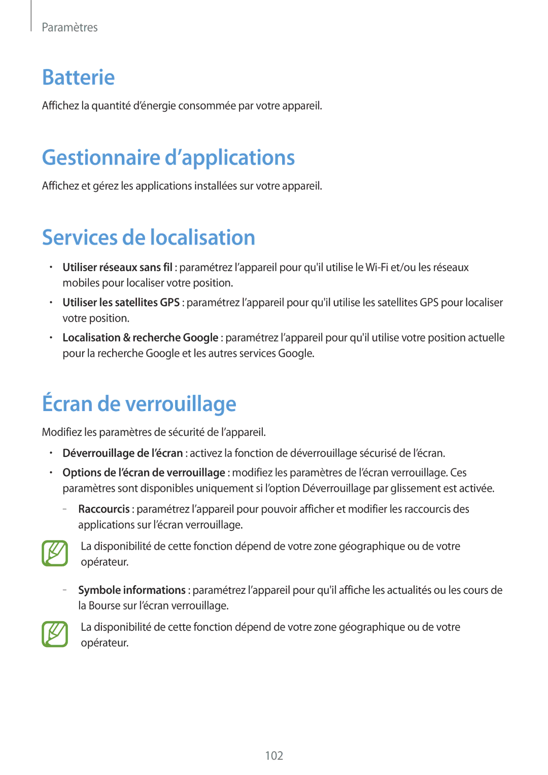 Samsung GT-I9105UANVVT manual Batterie, Gestionnaire d’applications, Services de localisation, Écran de verrouillage 