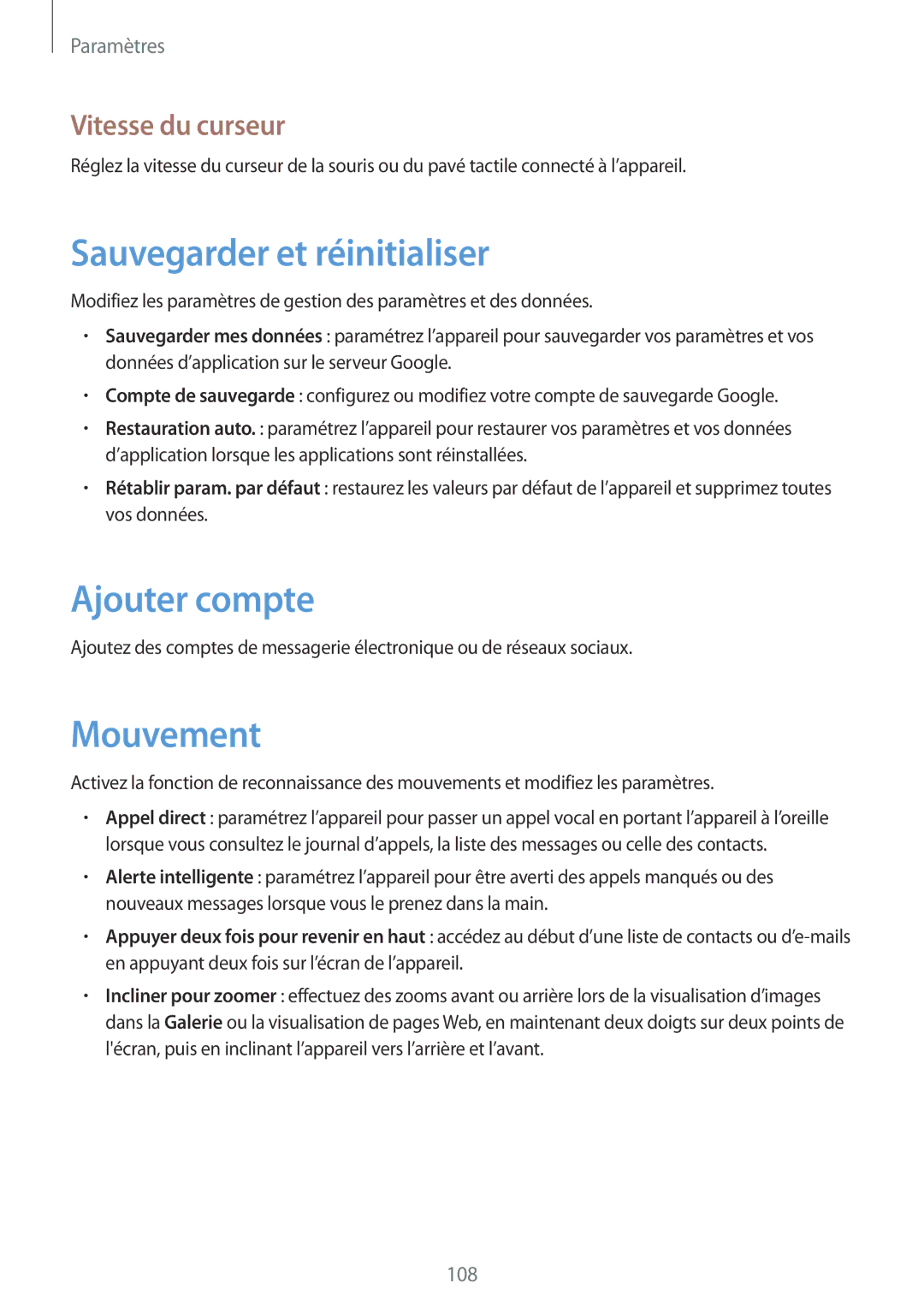 Samsung GT-I9105UANBGL, GT-I9105UANCOA manual Sauvegarder et réinitialiser, Ajouter compte, Mouvement, Vitesse du curseur 