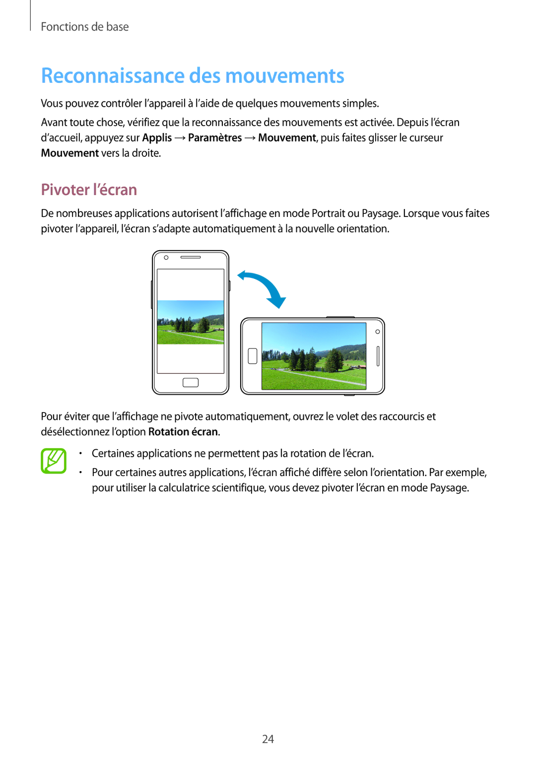 Samsung GT2I9105CWNGBL, GT-I9105UANCOA, GT-I9105CWNBGL, GT-I9105UANVVT manual Reconnaissance des mouvements, Pivoter l’écran 