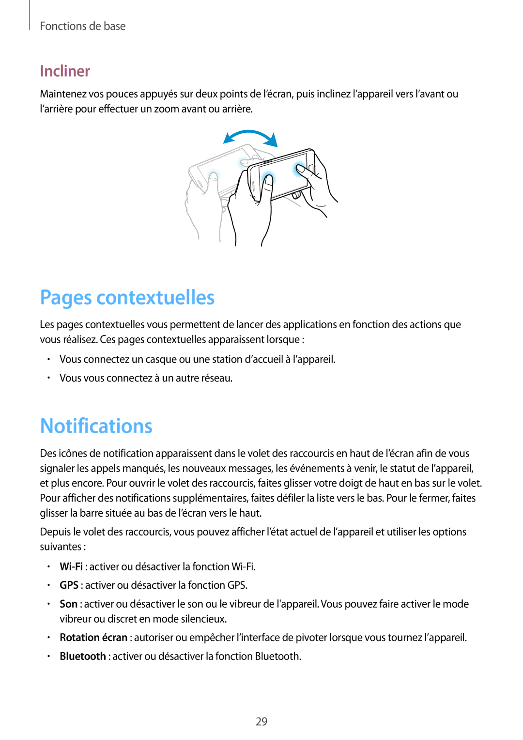 Samsung GT-I9105UANGBL, GT-I9105UANCOA, GT-I9105CWNBGL, GT2I9105CWNGBL manual Pages contextuelles, Notifications, Incliner 
