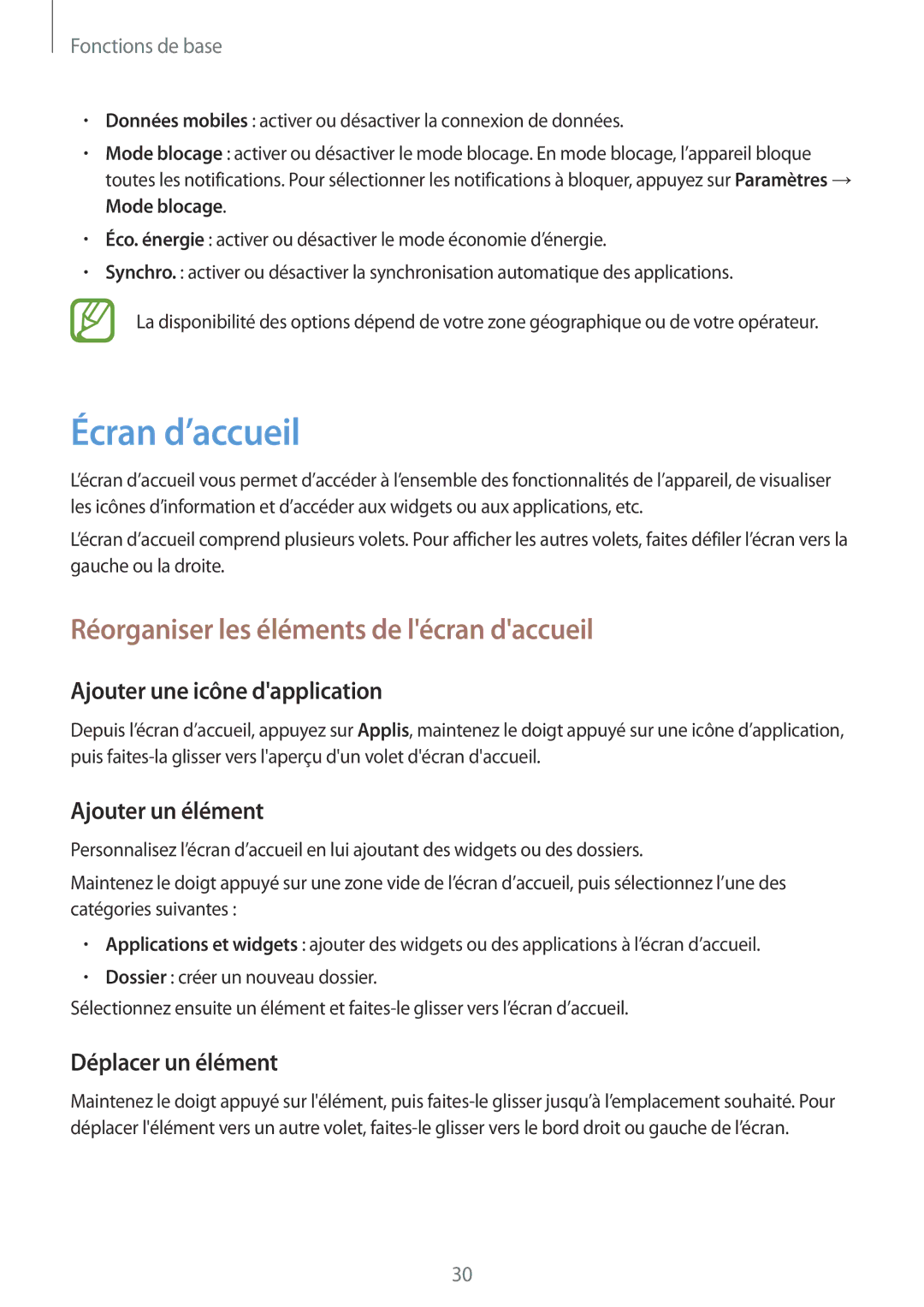 Samsung GT2I9105UANBGL manual Écran d’accueil, Réorganiser les éléments de lécran daccueil, Ajouter une icône dapplication 