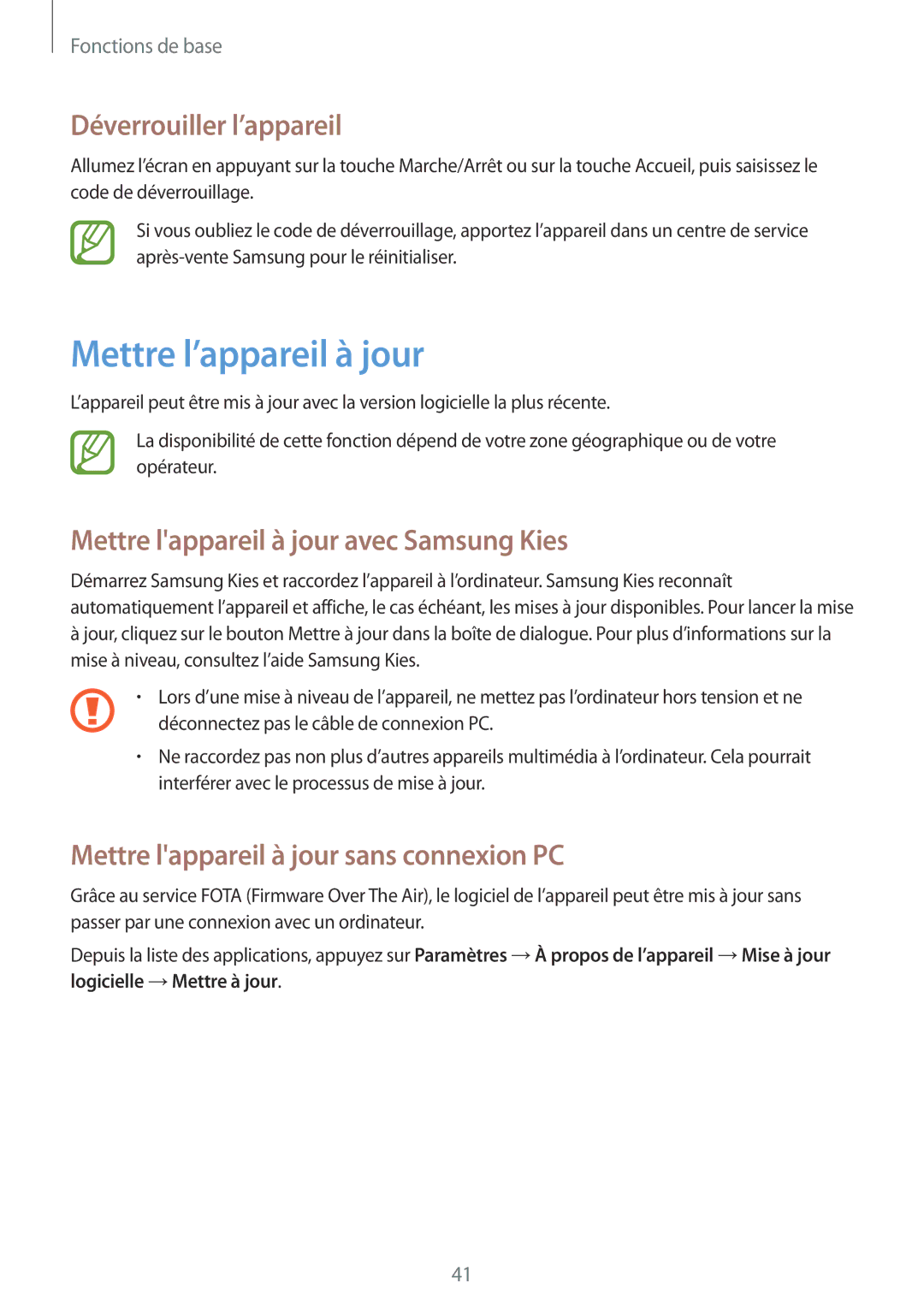 Samsung GT2I9105UANBGL manual Mettre l’appareil à jour, Déverrouiller l’appareil, Mettre lappareil à jour avec Samsung Kies 