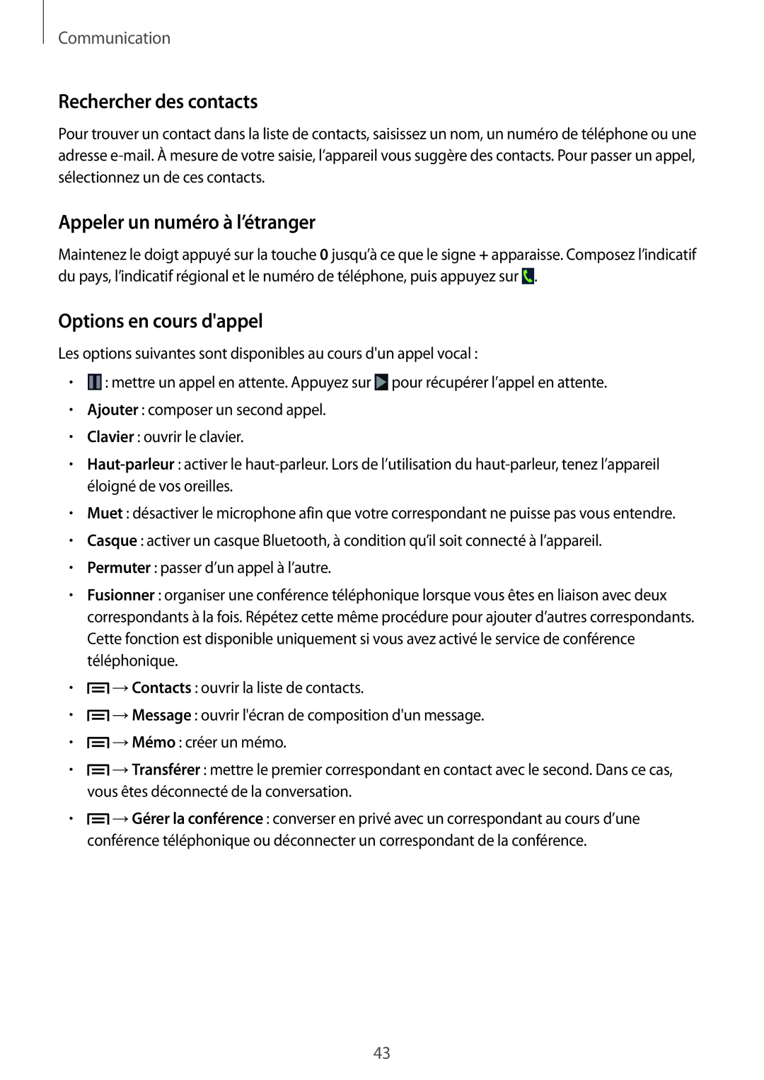 Samsung GT-I9105CWNGBL, GT-I9105UANCOA Rechercher des contacts, Appeler un numéro à l’étranger, Options en cours dappel 