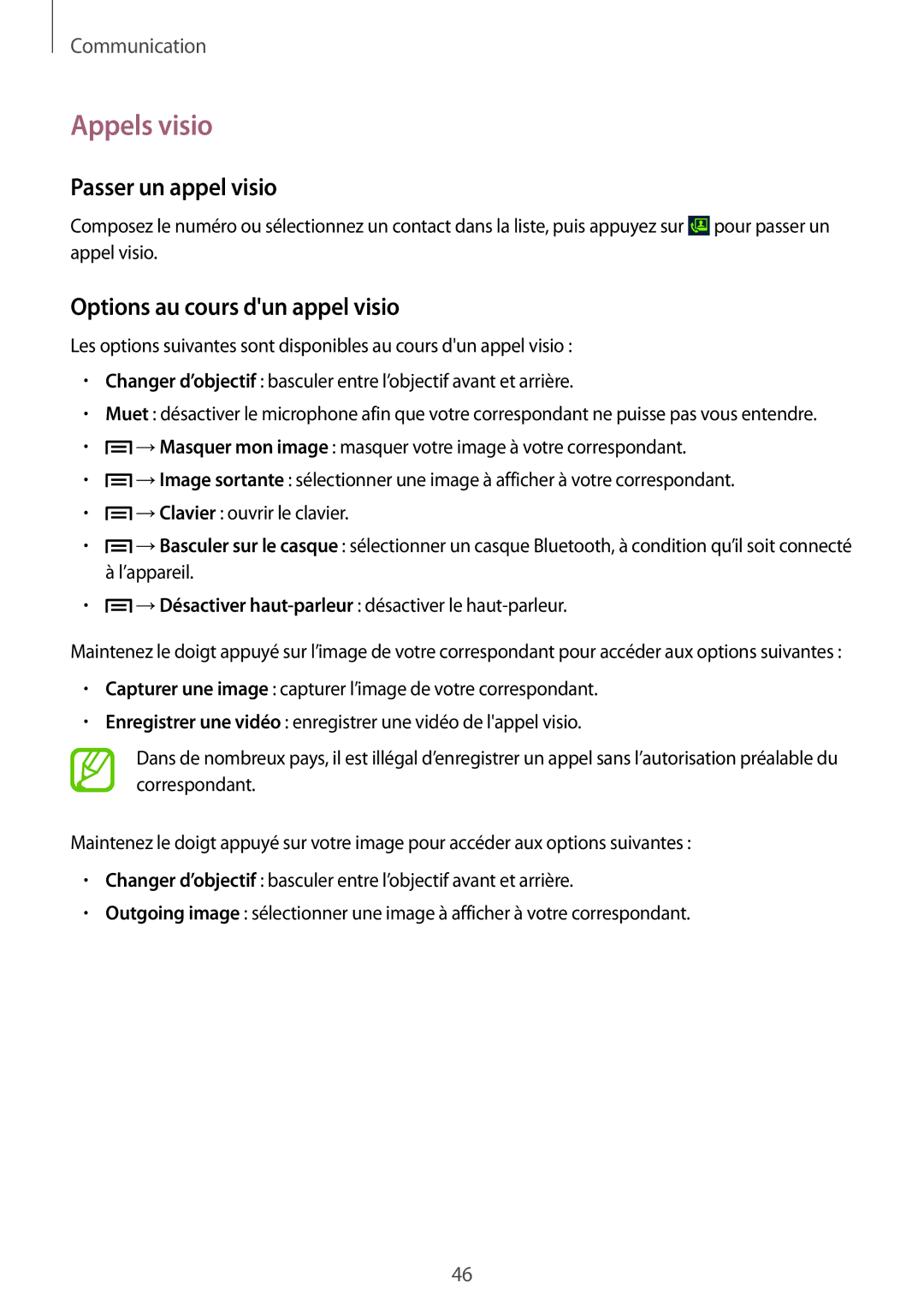 Samsung GT2I9105CWNGBL, GT-I9105UANCOA manual Appels visio, Passer un appel visio, Options au cours dun appel visio 