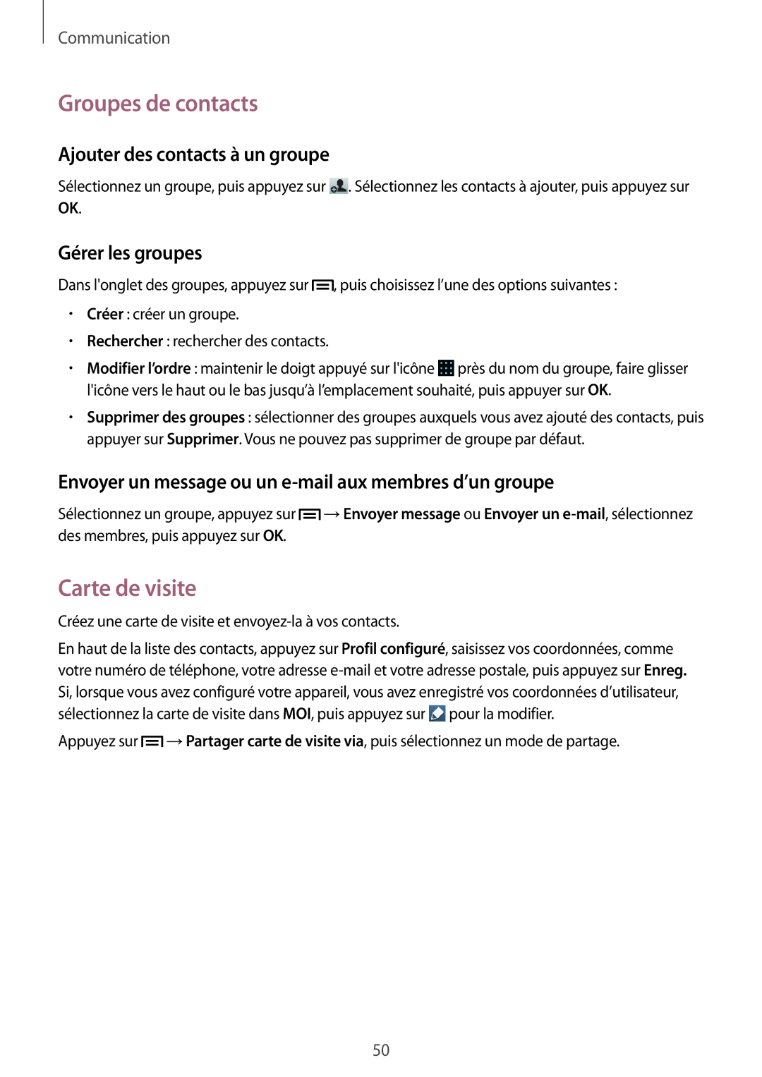 Samsung GT2I9105CWNBGL manual Groupes de contacts, Carte de visite, Ajouter des contacts à un groupe, Gérer les groupes 